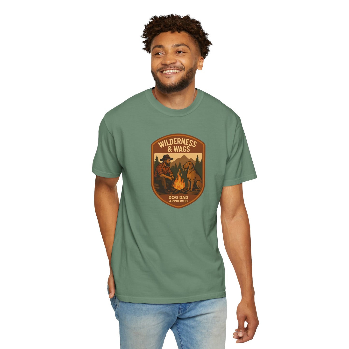 Wilderness & Wags Dog Dad Unisex T-Shirt, Dog Lover Gift, Camping Tee, Father’s Day Apparel, Nature-Inspired Shirt