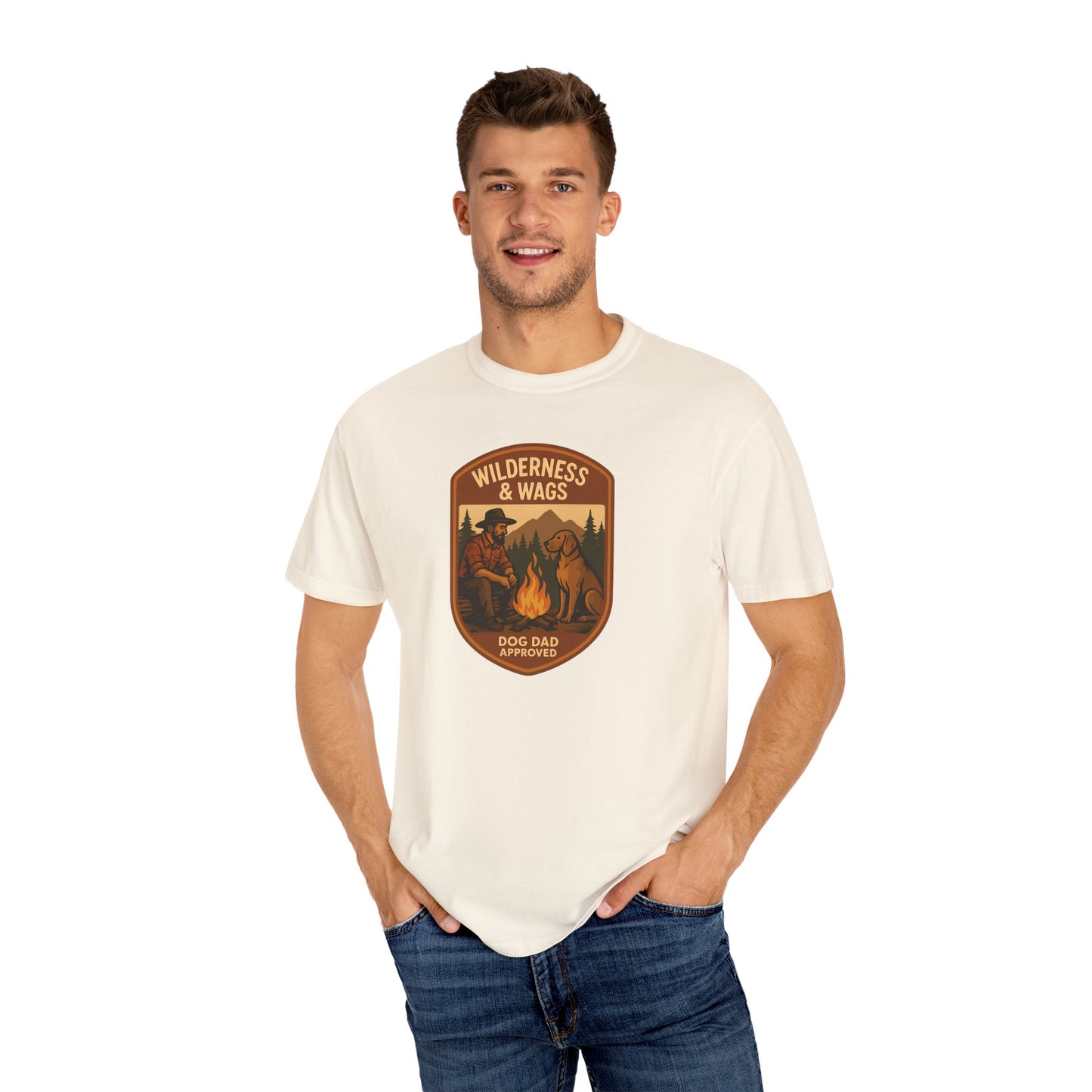 Wilderness & Wags Dog Dad Unisex T-Shirt, Dog Lover Gift, Camping Tee, Father’s Day Apparel, Nature-Inspired Shirt
