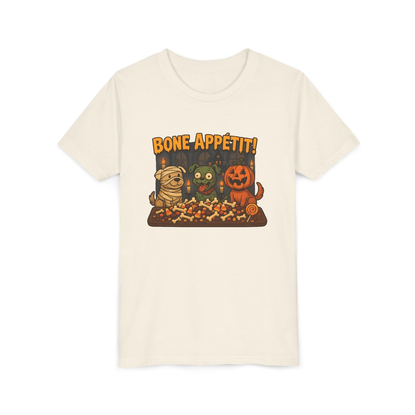 Halloween Kids Tee - Bone Appetit! Funny Short Sleeve Shirt for Trick or Treat, Spooky Season, Gift for Kids