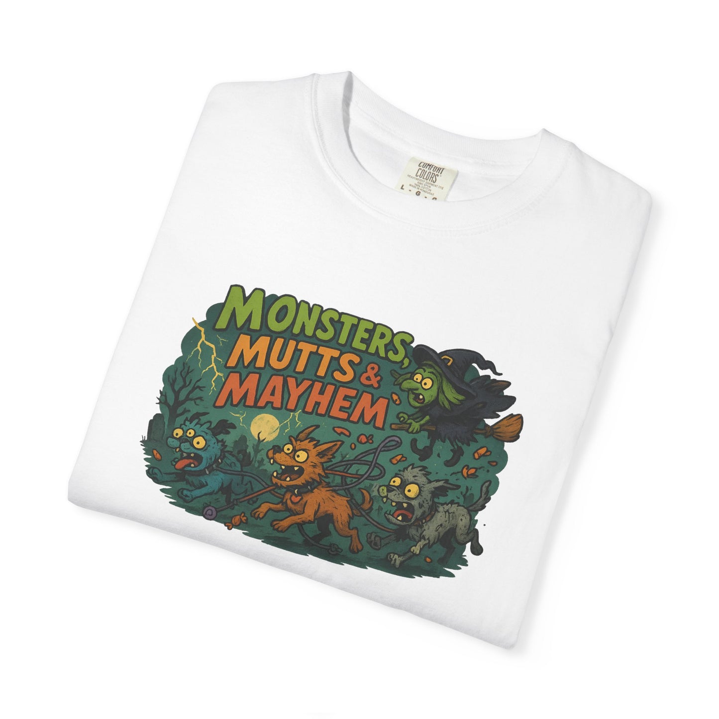 Monsters, Mutts & Mayhem T-Shirt | Unisex Cartoon Tee for Pet Lovers | Fun Graphic Top | Gift for Dog Owners | Halloween or Everyday Wear