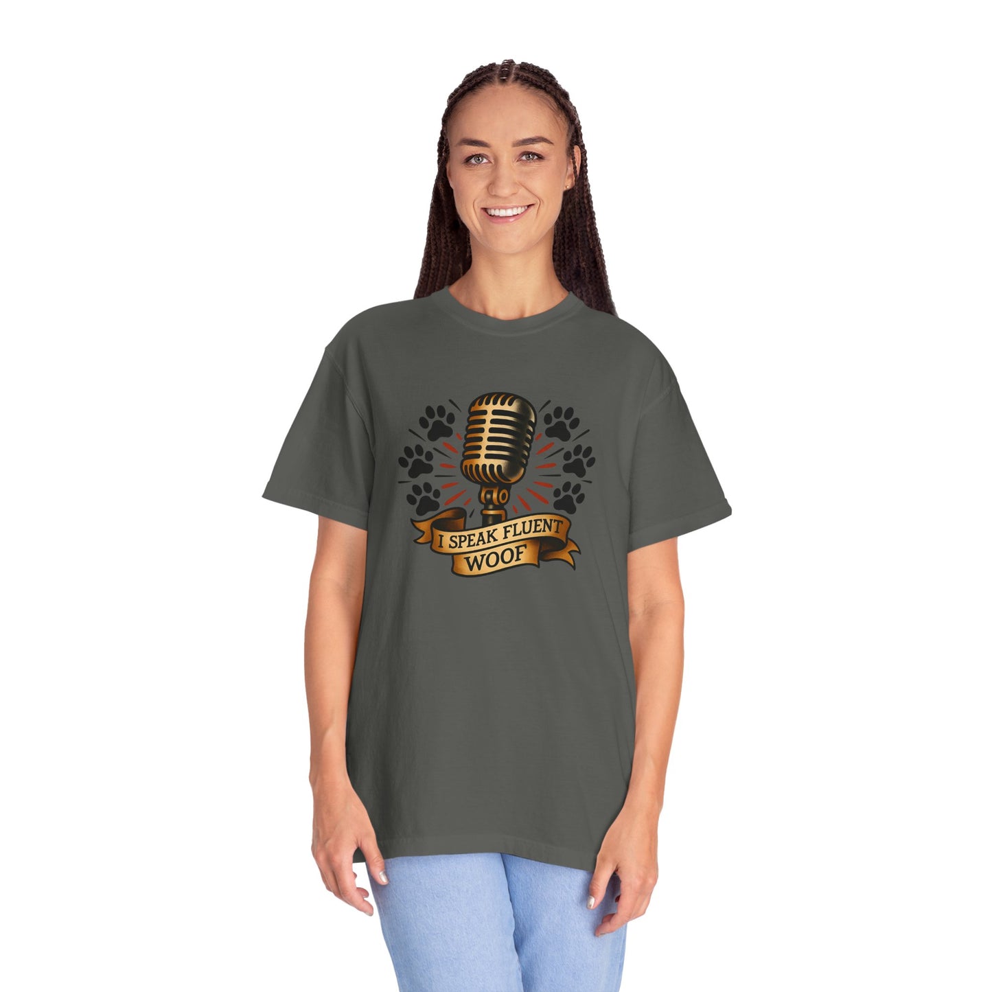 Fluent Woof T-Shirt - Funny Dog Lover Tee, Gift for Pet Owners, Casual Wear, Birthday Gift, Animal Lover Shirt