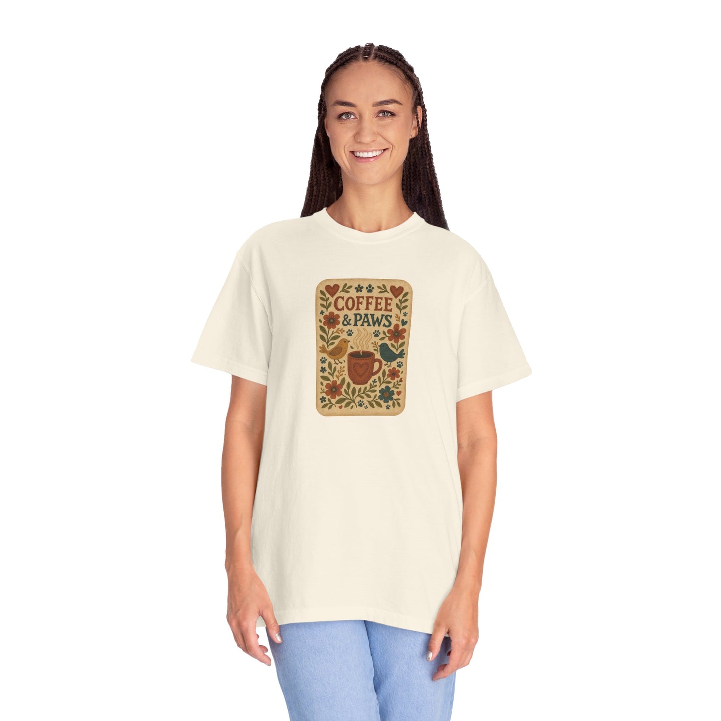 Coffee and Paws Unisex T-Shirt | Cute Pet Lover Tee, Gift for Dog Owners, Casual Wear, Animal Lover Apparel, Perfect for Coffee Lovers