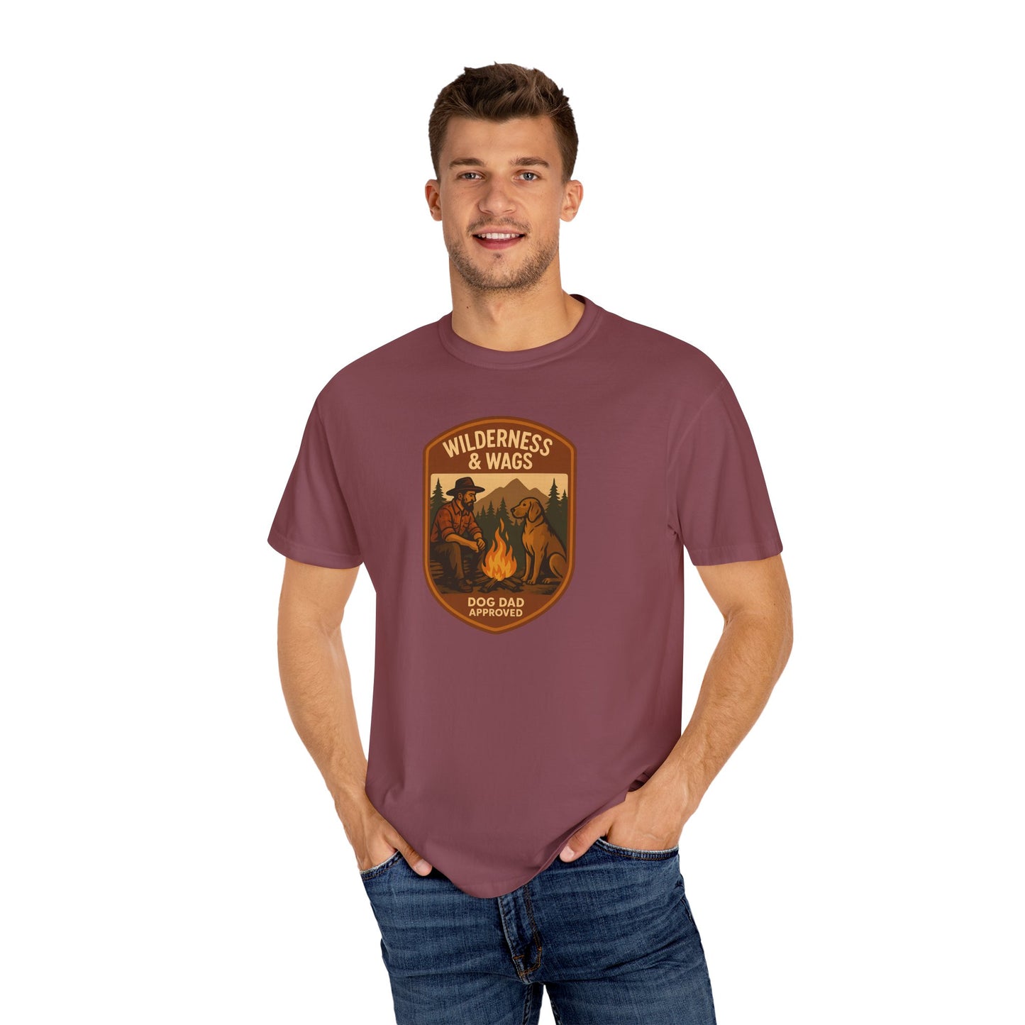 Wilderness & Wags Dog Dad Unisex T-Shirt, Dog Lover Gift, Camping Tee, Father’s Day Apparel, Nature-Inspired Shirt