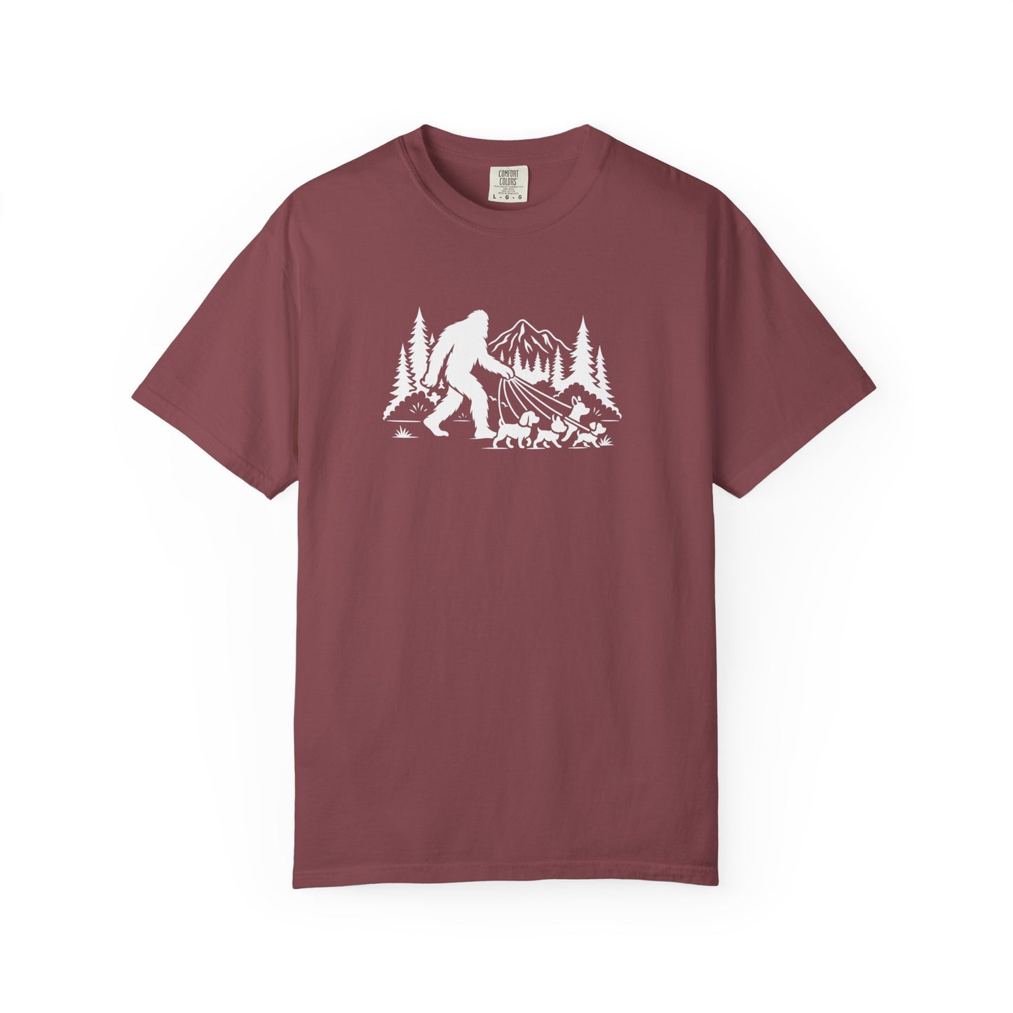 Bigfoot dog walk T-Shirt with Outdoor Adventure Design