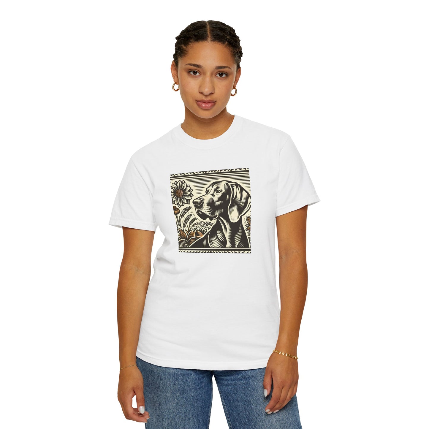 Weimaraner Dog Lover's Unisex Garment-Dyed T-Shirt with Floral Design