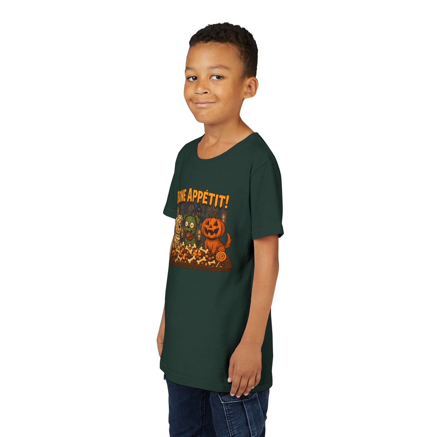 Halloween Kids Tee - Bone Appetit! Funny Short Sleeve Shirt for Trick or Treat, Spooky Season, Gift for Kids
