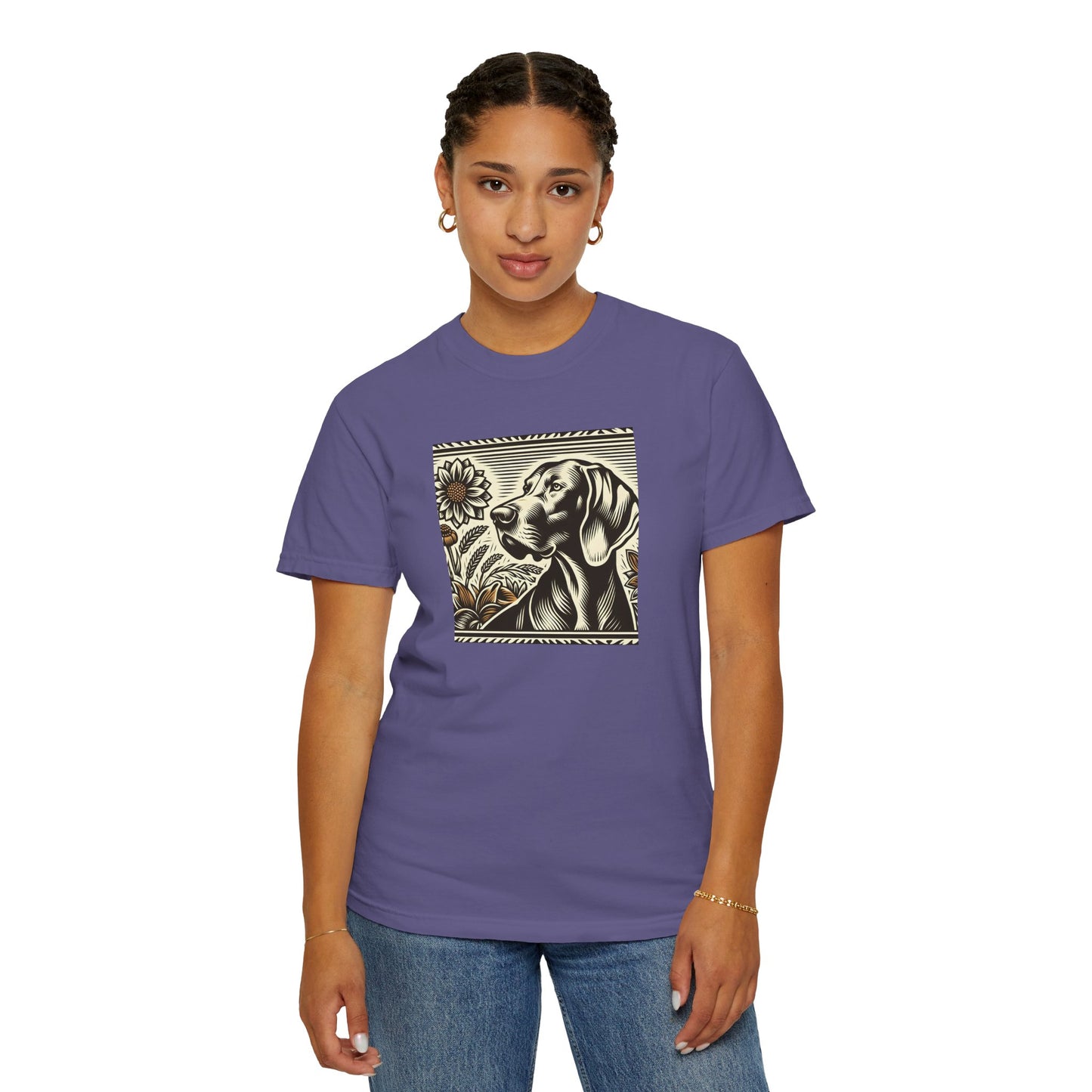 Weimaraner Dog Lover's Unisex Garment-Dyed T-Shirt with Floral Design
