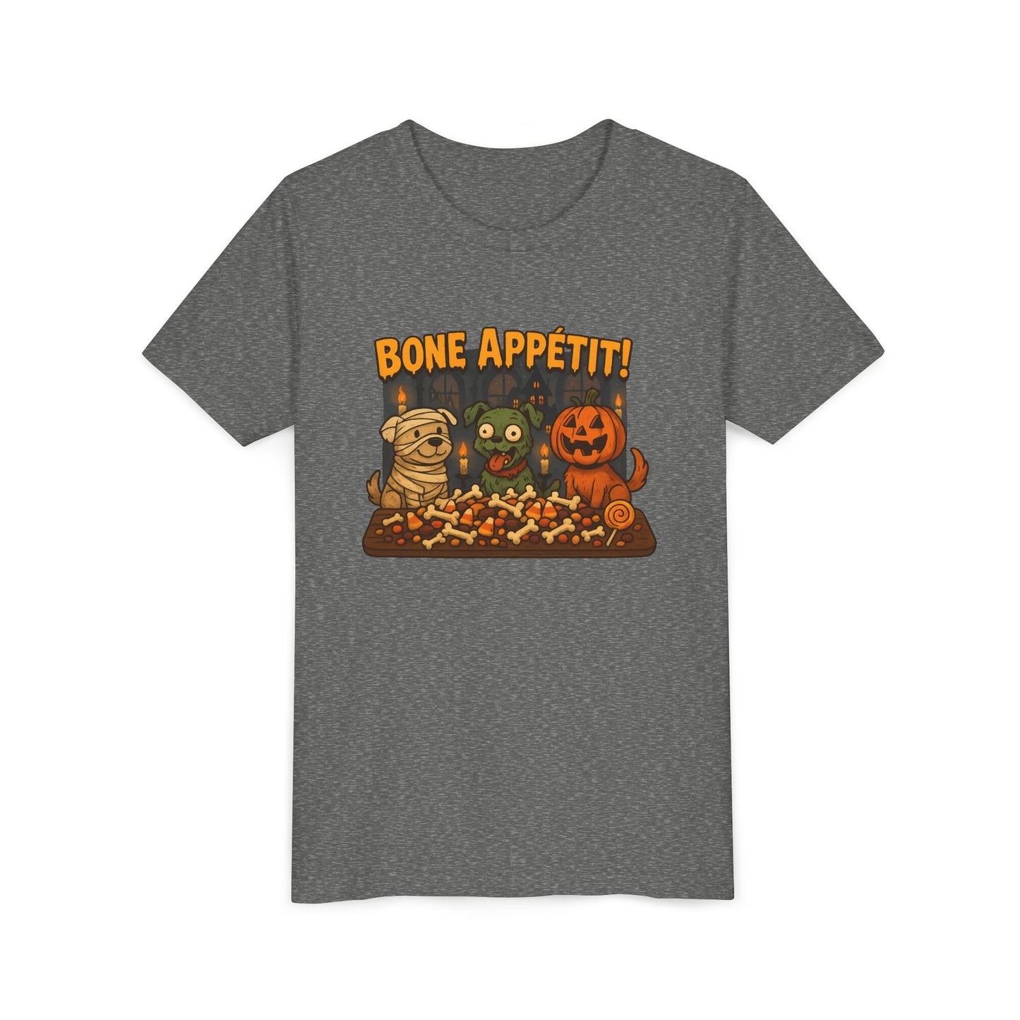 Halloween Kids Tee - Bone Appetit! Funny Short Sleeve Shirt for Trick or Treat, Spooky Season, Gift for Kids