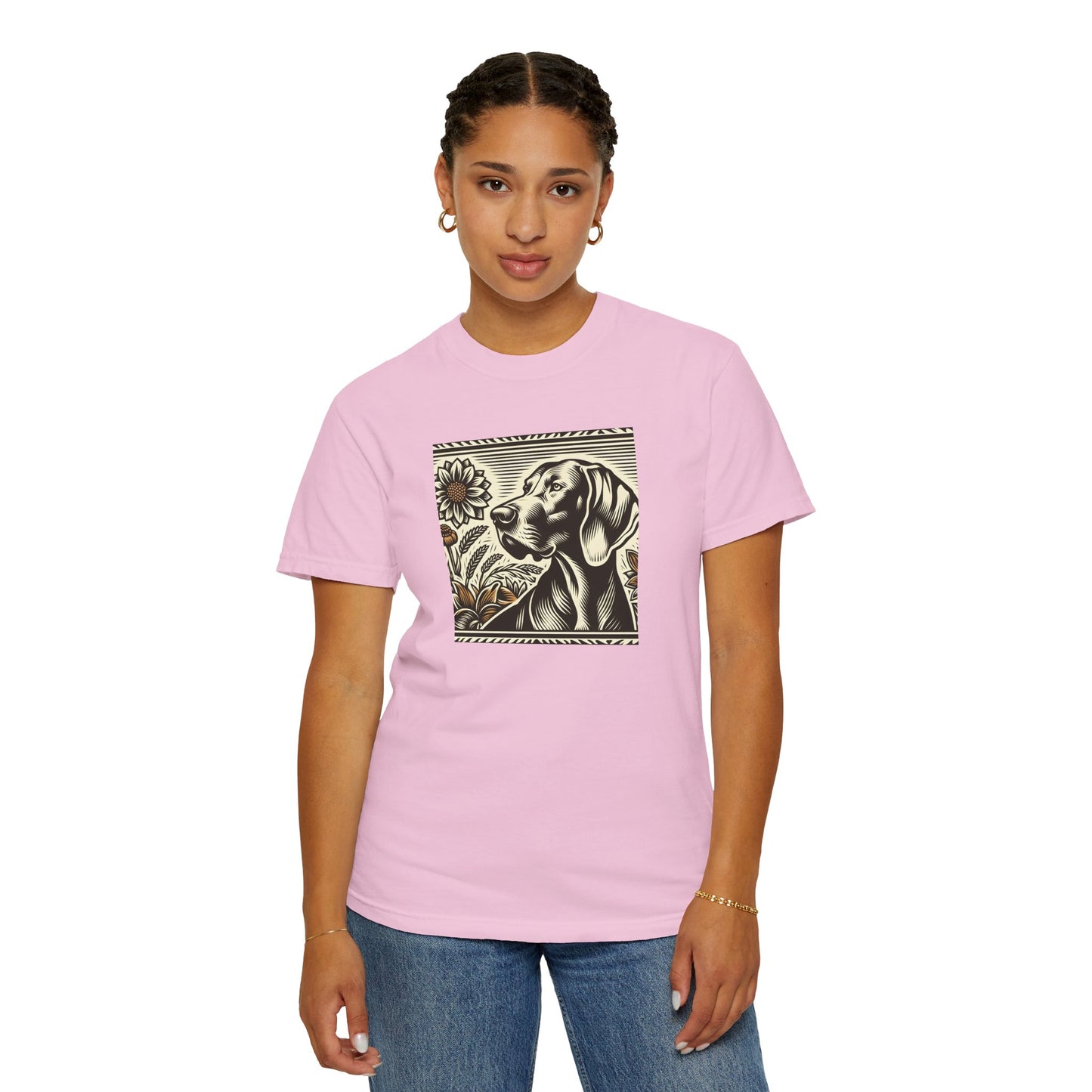 Weimaraner Dog Lover's Unisex Garment-Dyed T-Shirt with Floral Design