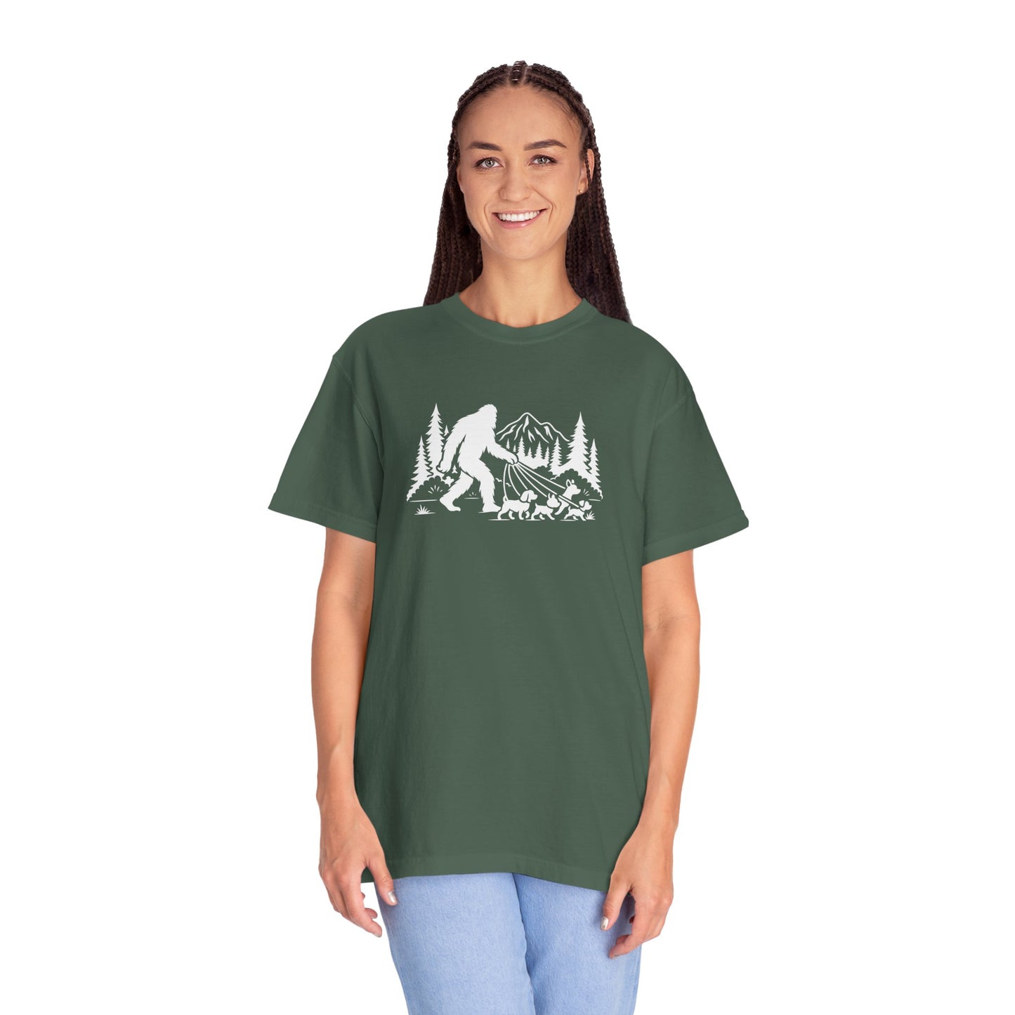 Bigfoot dog walk T-Shirt with Outdoor Adventure Design