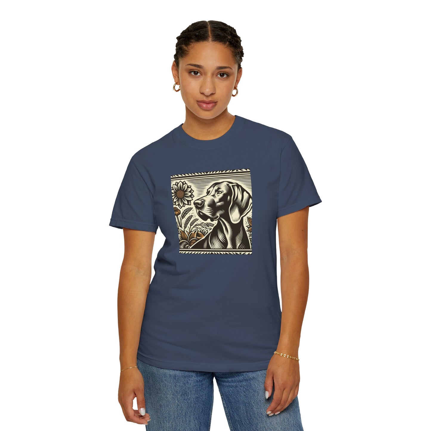 Weimaraner Dog Lover's Unisex Garment-Dyed T-Shirt with Floral Design
