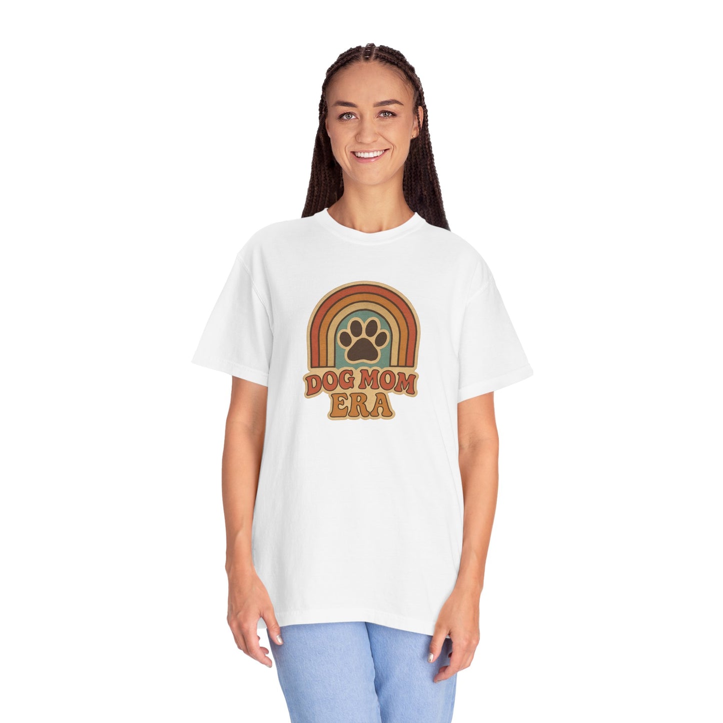Dog Mom Era T-Shirt, Unisex Garment-Dyed Tee, Pet Lover Apparel, Gift for Dog Moms, Casual Everyday Wear, Rainbow Design