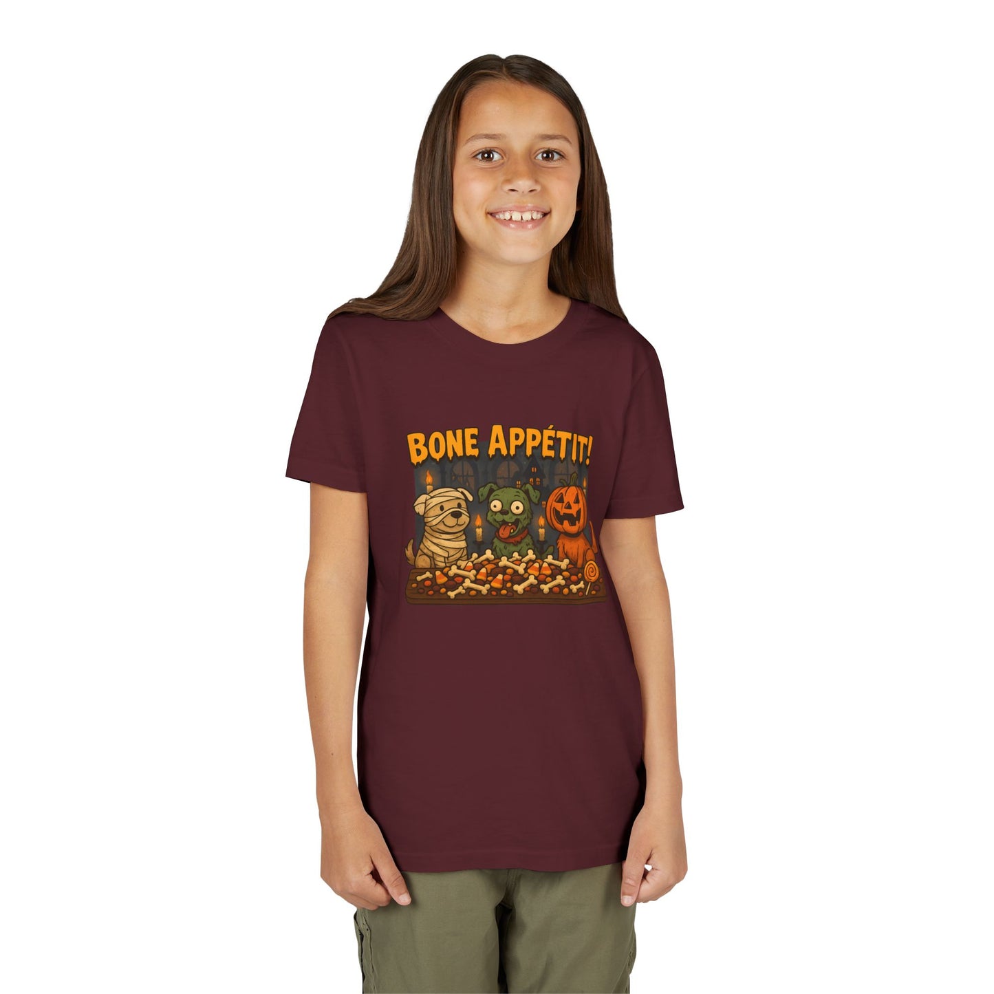Halloween Kids Tee - Bone Appetit! Funny Short Sleeve Shirt for Trick or Treat, Spooky Season, Gift for Kids