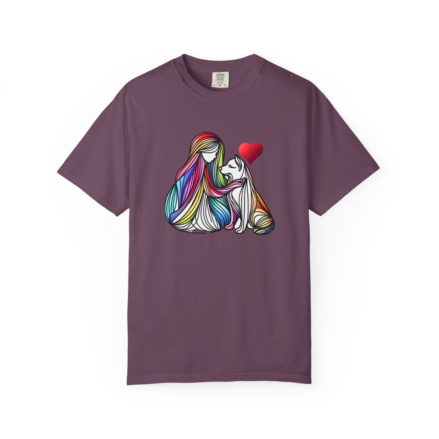 Colorful Dog Love Unisex T-Shirt - Garment-Dyed Cat & Woman Design