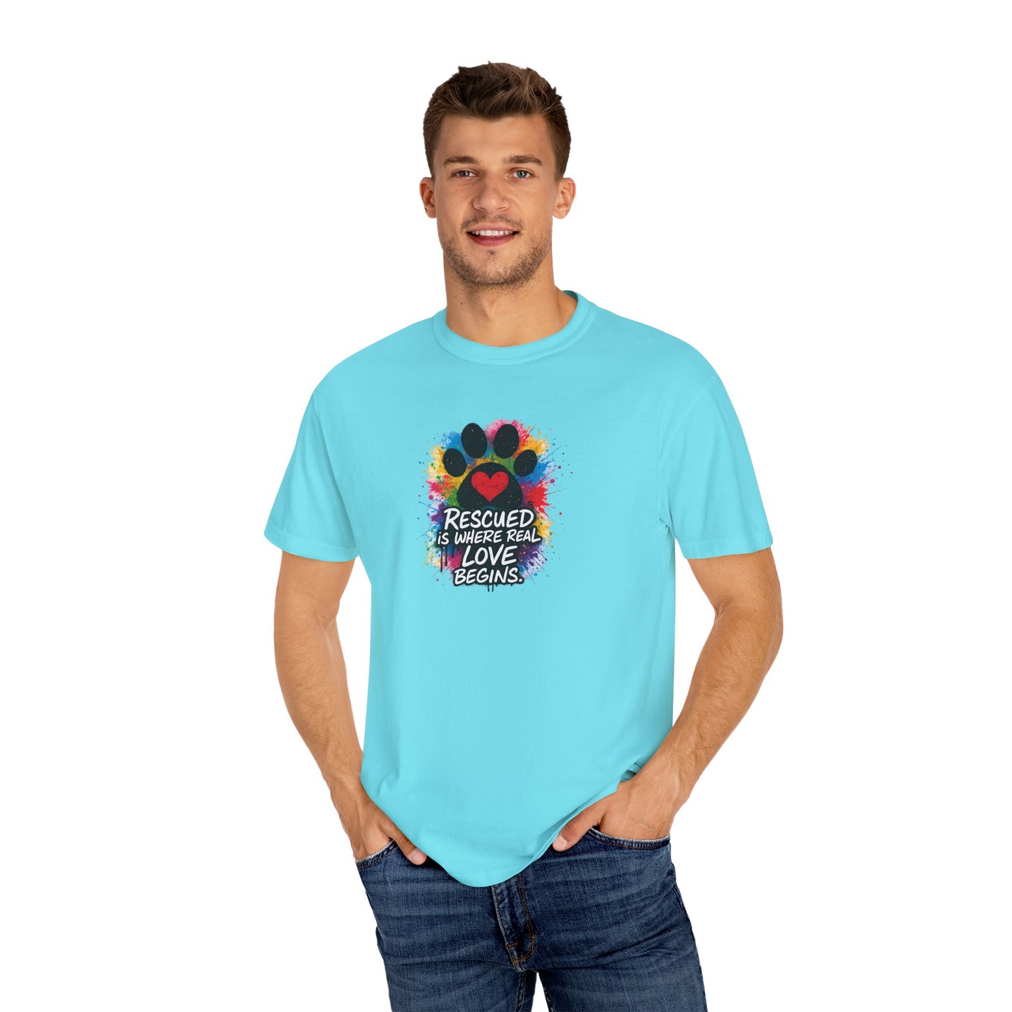 Rescued Is Where Real Love Begins T-Shirt | Paw Print Tee, Animal Lovers Gift, Dog Mom Shirt, Pet Adoption Awareness, Unisex Clothing