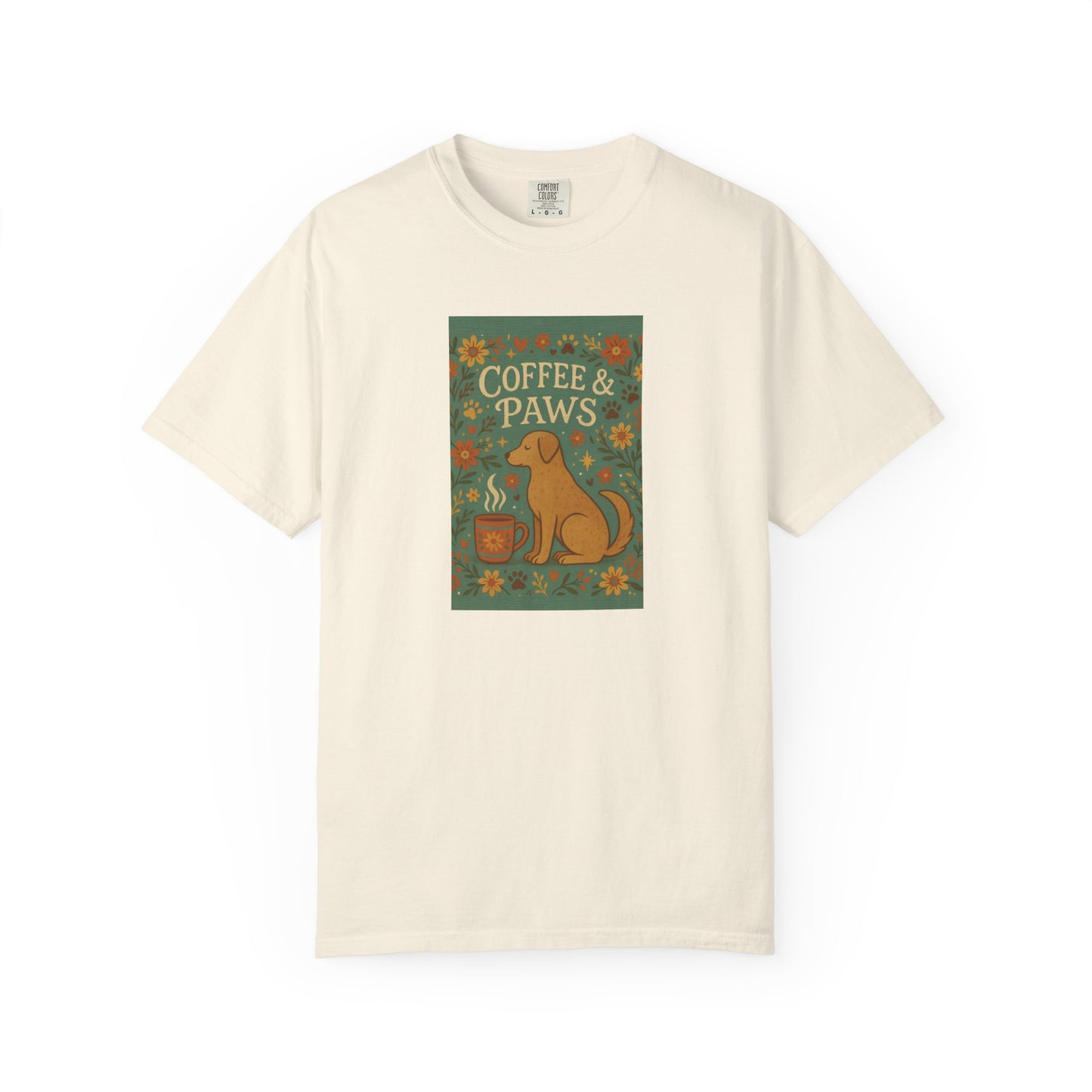Coffee & Paws Unisex Garment-Dyed T-Shirt - Cute Dog Lovers Gift, Pet Owners Tee, Floral Design, Coffee Enthusiast Top, Casual Wear