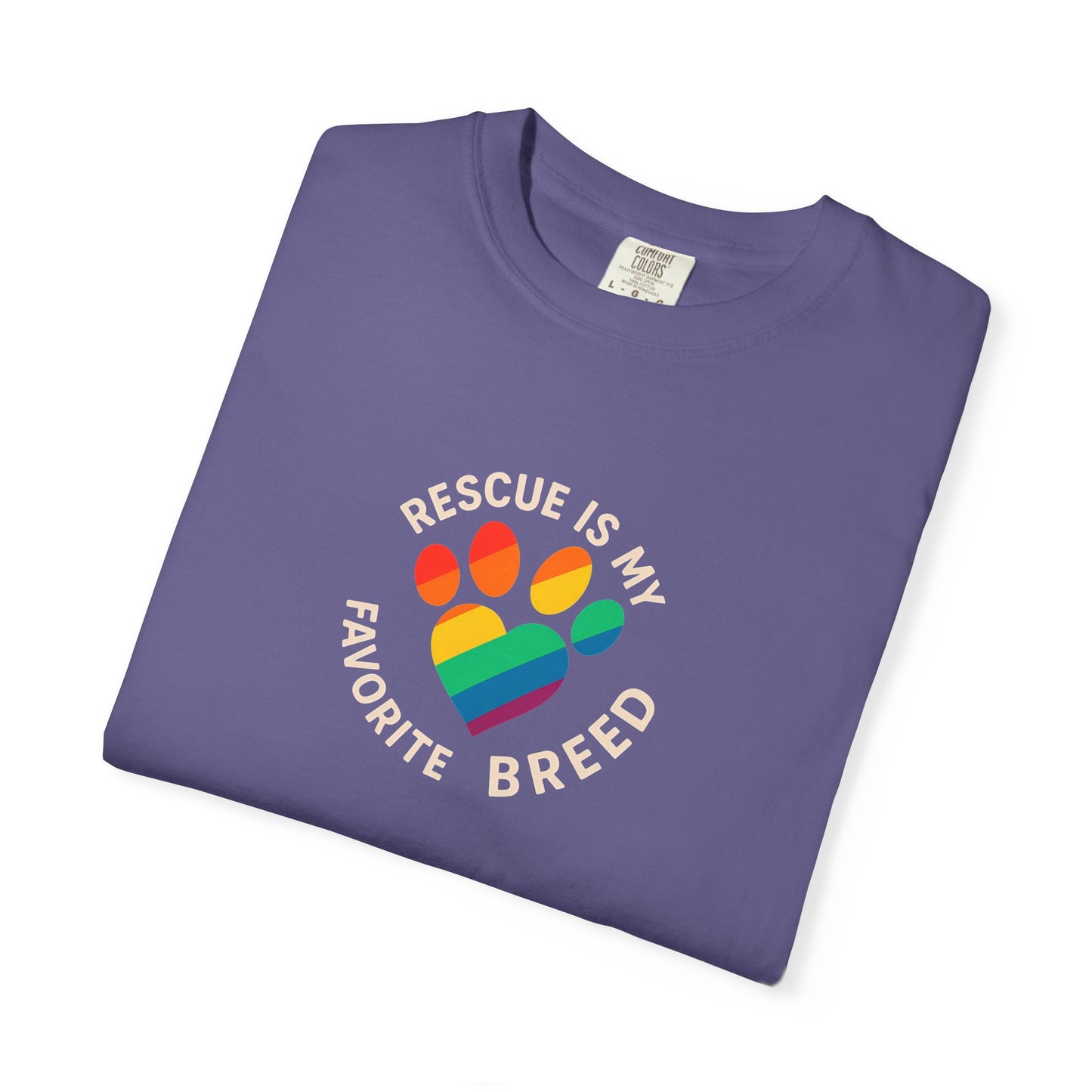 Rescue Is My Favorite Breed T-Shirt, Unisex Rainbow Dog Lover Tee, Pet Adoption Shirt, LGBTQ+ Apparel, Gift for Animal Lovers