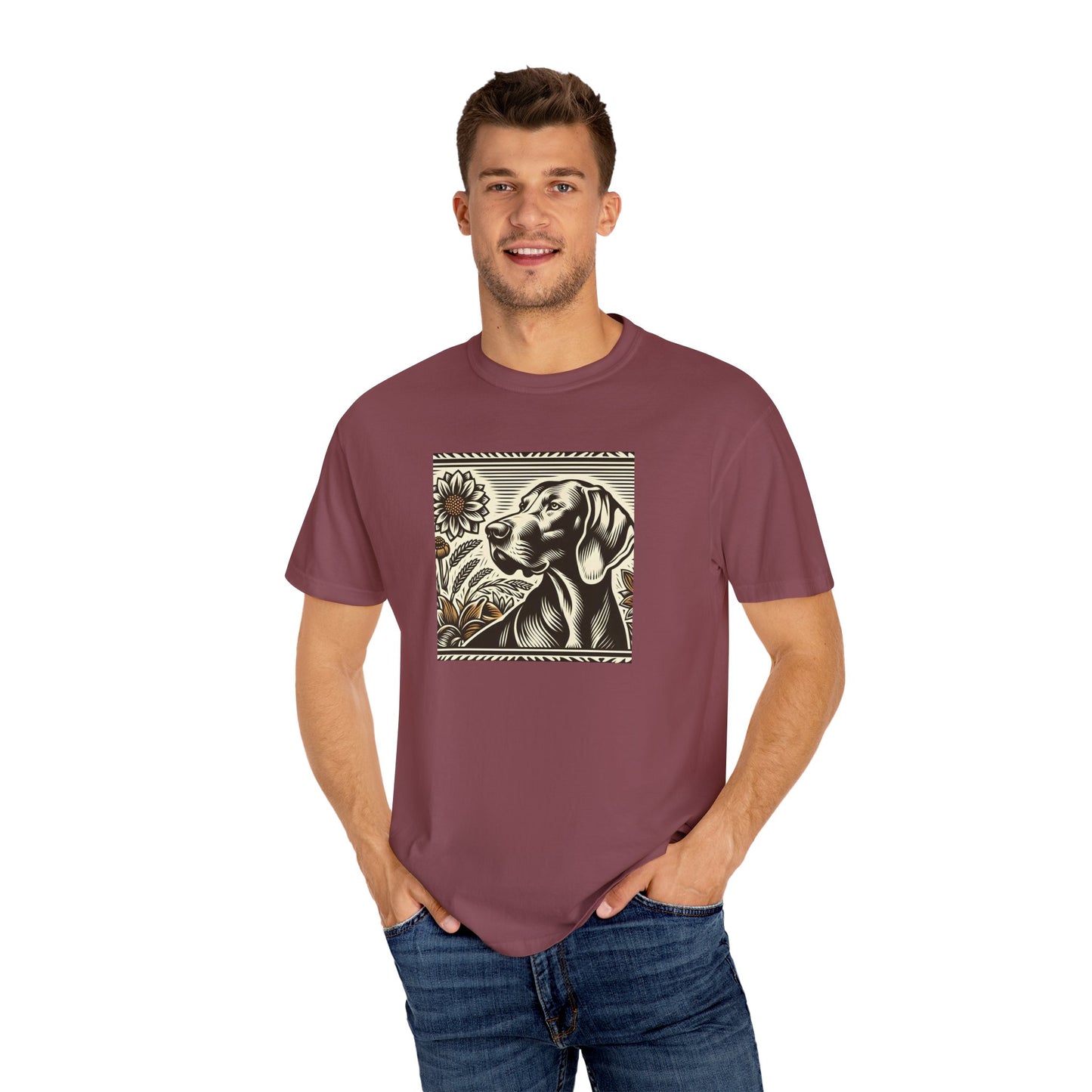 Weimaraner Dog Lover's Unisex Garment-Dyed T-Shirt with Floral Design