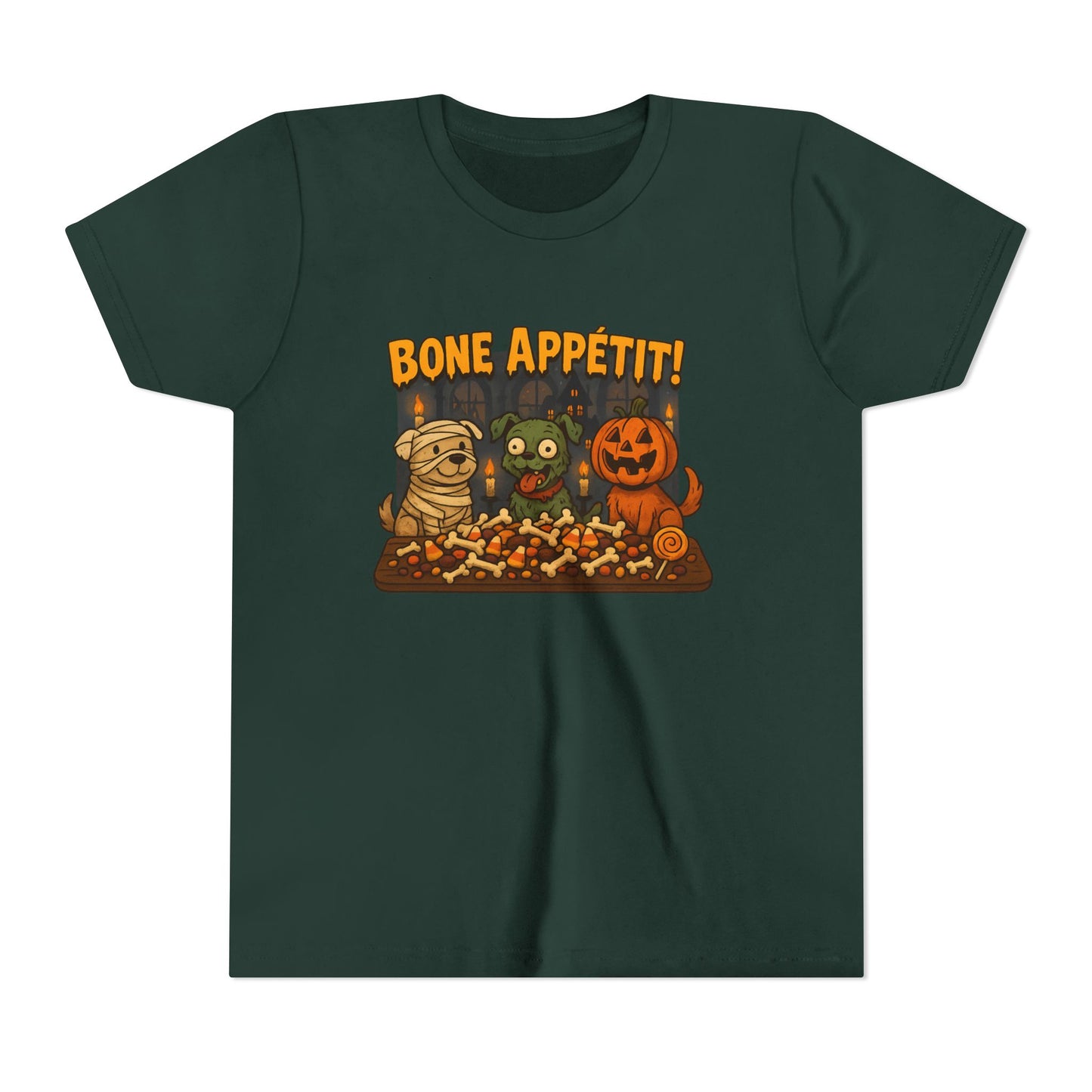 Halloween Kids Tee - Bone Appetit! Funny Short Sleeve Shirt for Trick or Treat, Spooky Season, Gift for Kids
