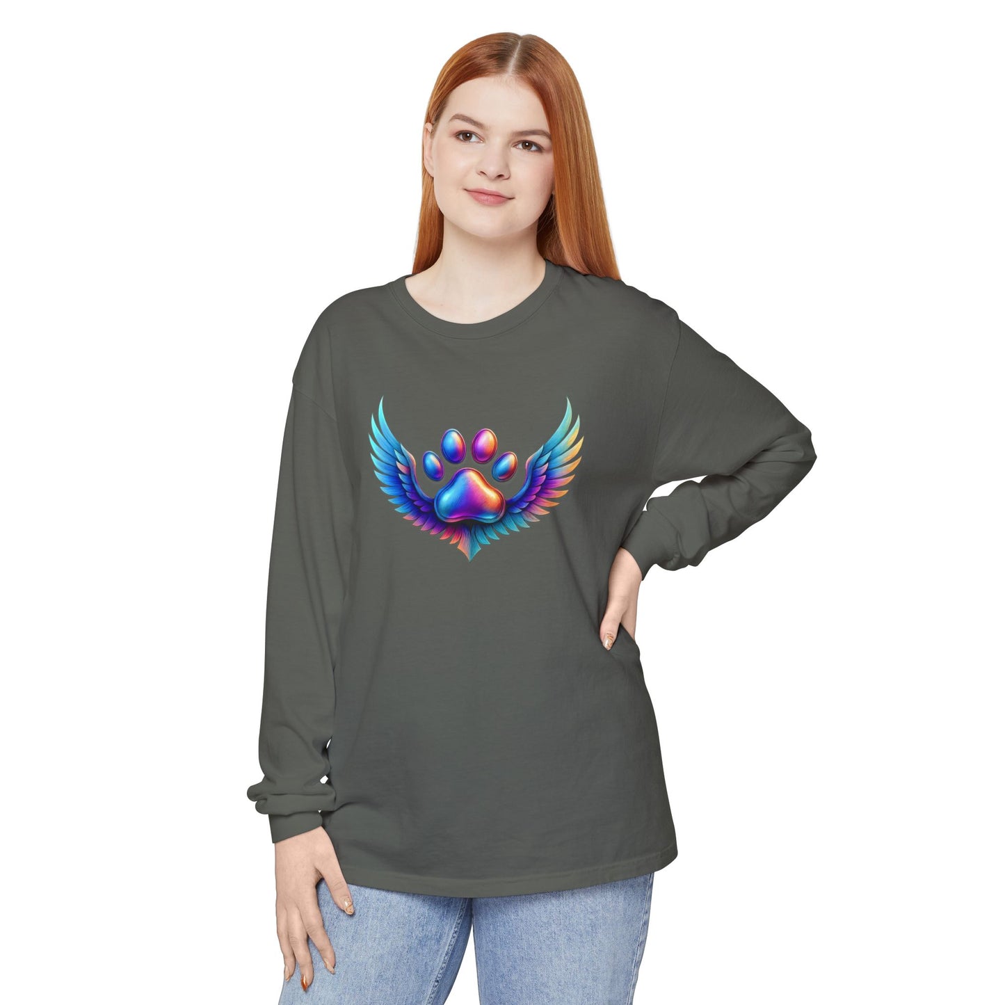Colorful Paw Print Long Sleeve T-Shirt, Animal Lover Gift, Pet Memorial Tee, Winged Paw Shirt, Unisex Graphic Tee