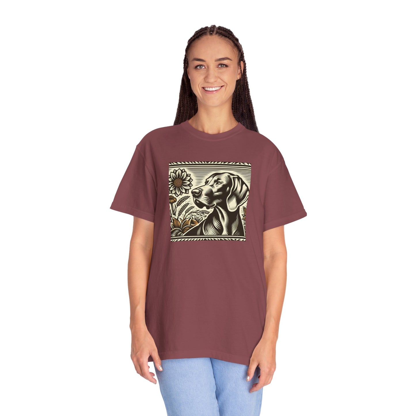 Weimaraner Dog Lover's Unisex Garment-Dyed T-Shirt with Floral Design