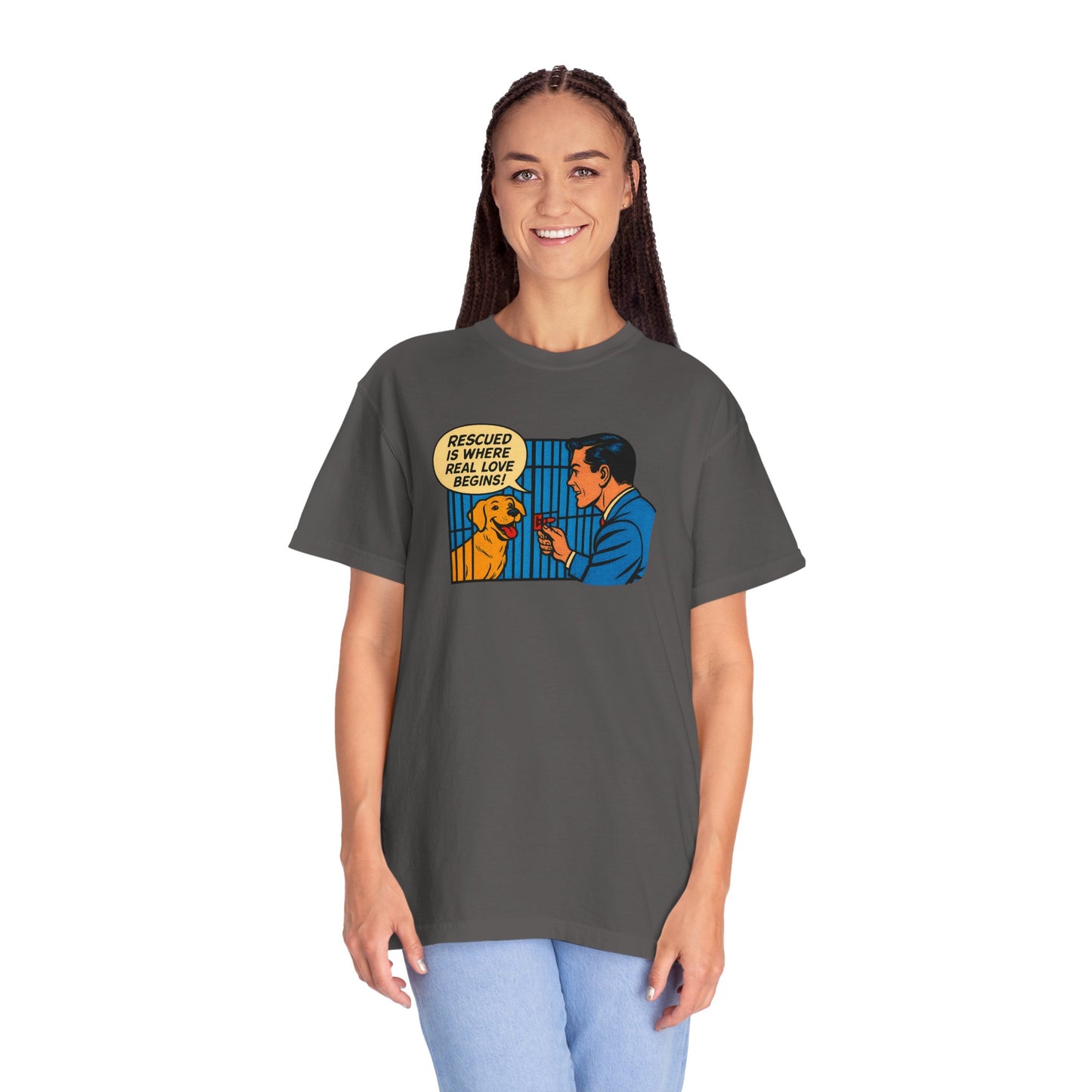 Rescued Is Where Real Love Begins Tee, Dog Lover T-Shirt, Vintage Style Animal Rights Shirt, Funny Pet Owner Gift, Animal Rescue Awareness Wear