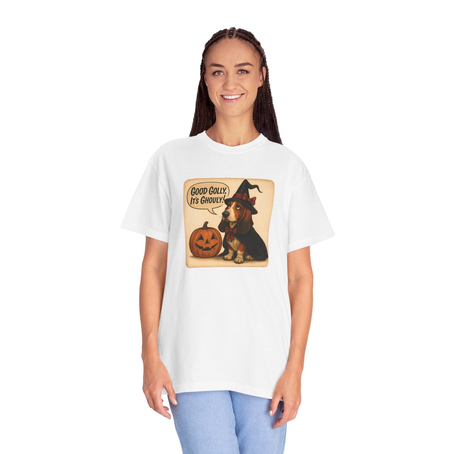 Halloween-Themed Unisex T-Shirt, Whimsical Dog Design, Cute Witch Shirt, Fall Fashion Top, Trick or Treat Apparel