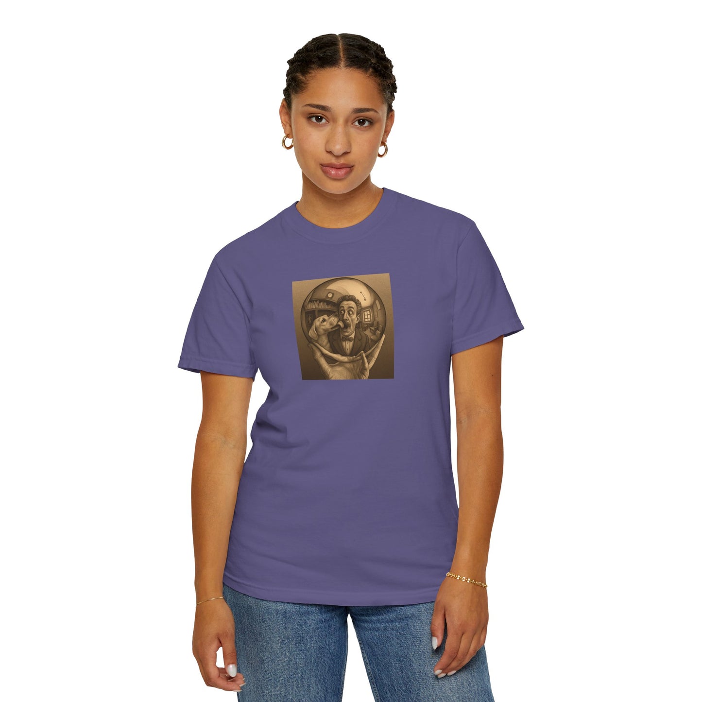 MC Escher and His Dog Unisex Garment-Dyed T-shirt - Retro Design for Creative Souls