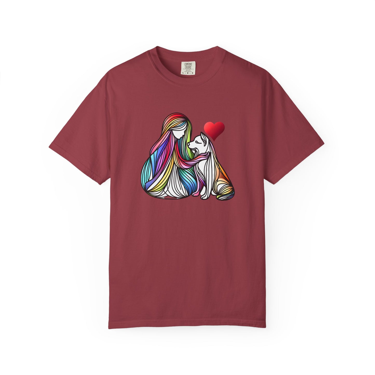 Colorful Dog Love Unisex T-Shirt - Garment-Dyed Cat & Woman Design