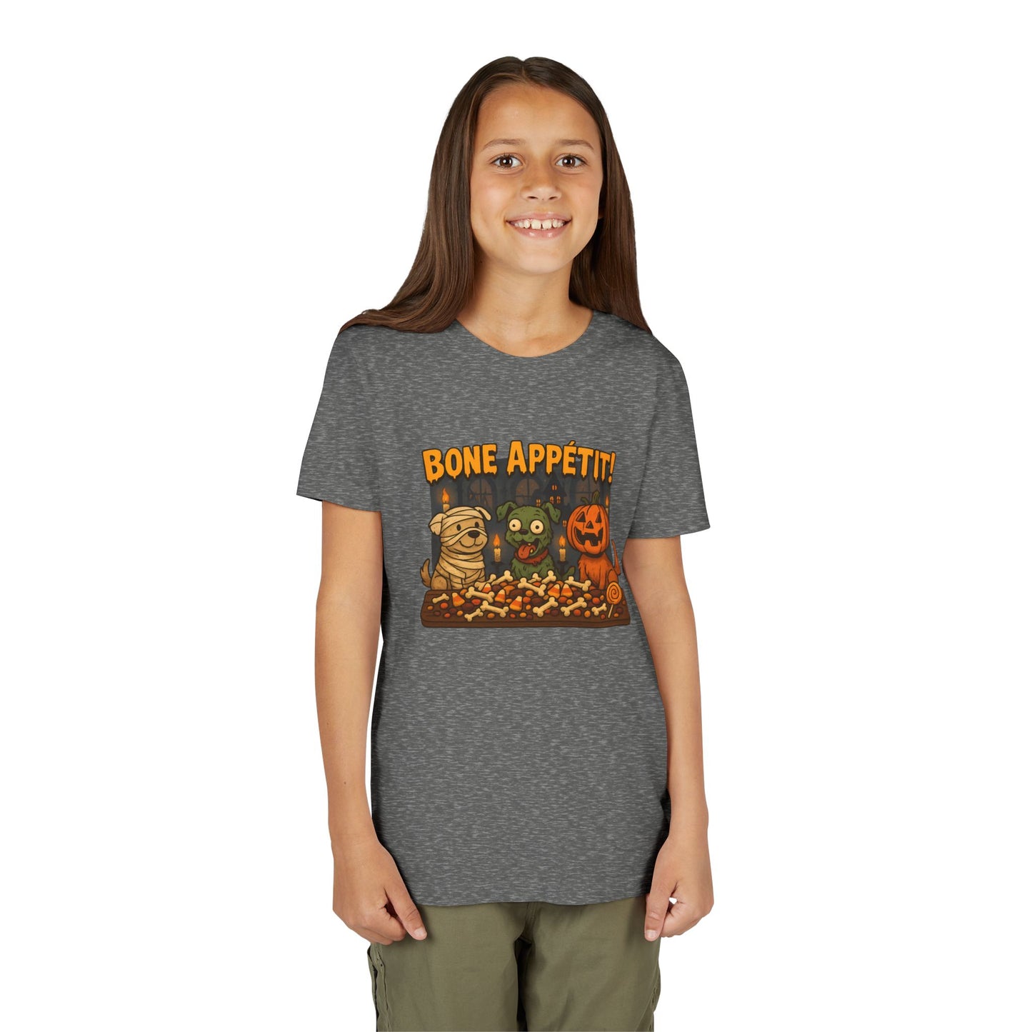 Halloween Kids Tee - Bone Appetit! Funny Short Sleeve Shirt for Trick or Treat, Spooky Season, Gift for Kids