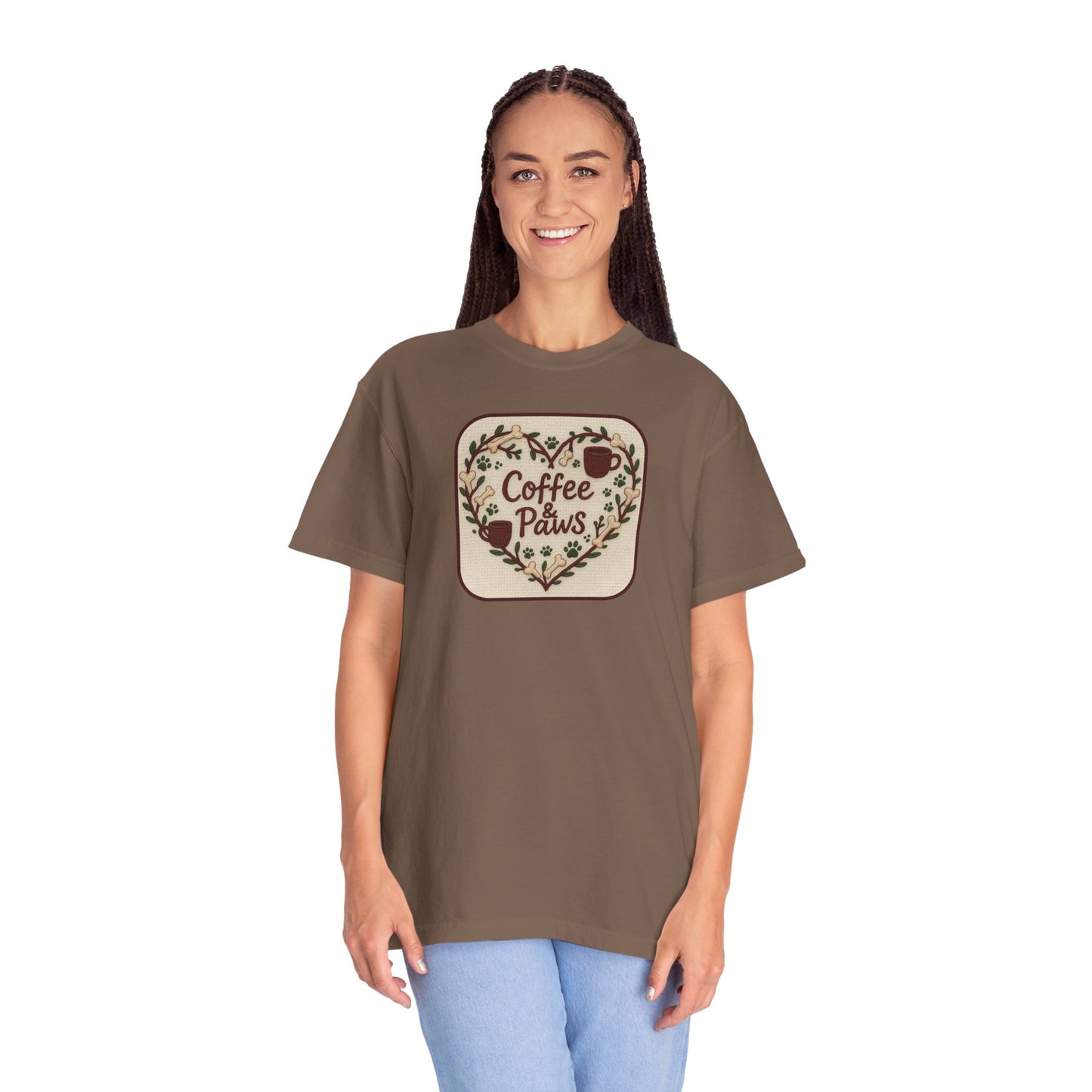 Coffee Paws Unisex Garment-Dyed T-shirt, Cute Coffee Lover Tee, Gift for Dog Owners, Nature-Inspired Shirt, Cozy Casual Wear