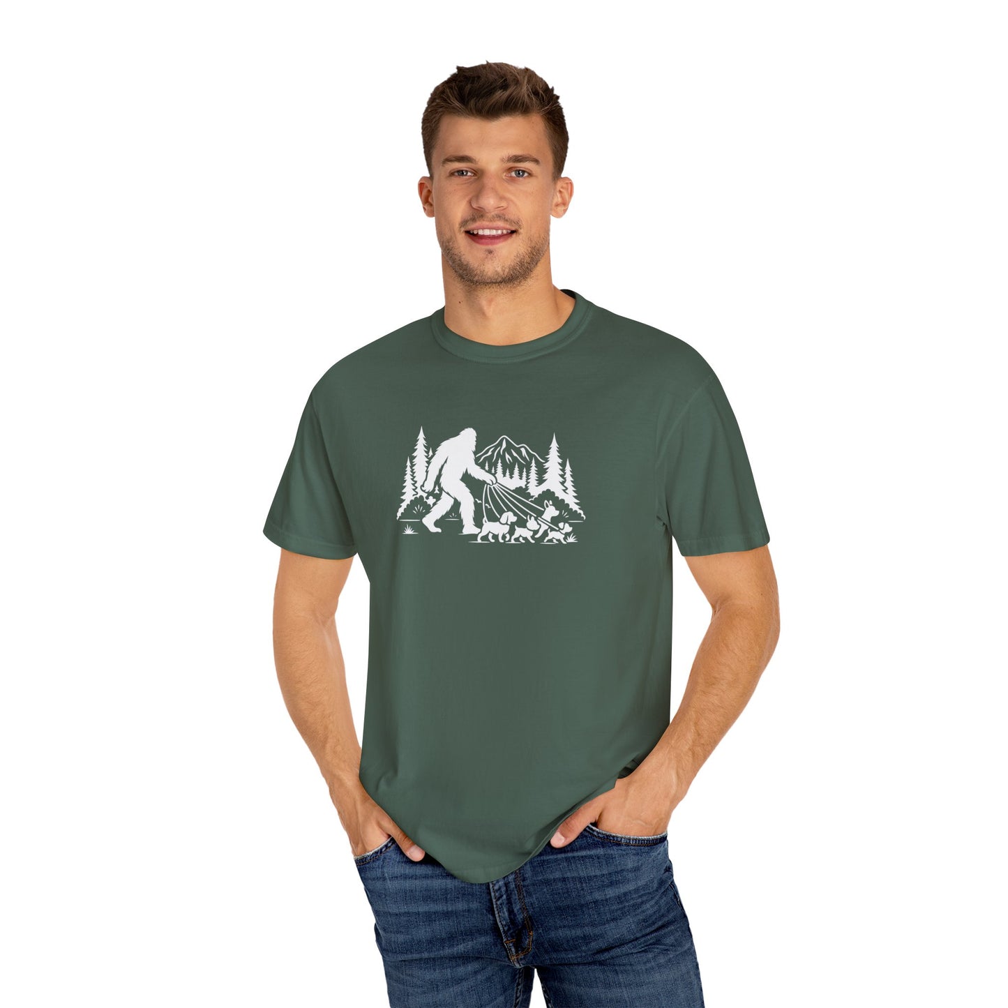Bigfoot dog walk T-Shirt with Outdoor Adventure Design