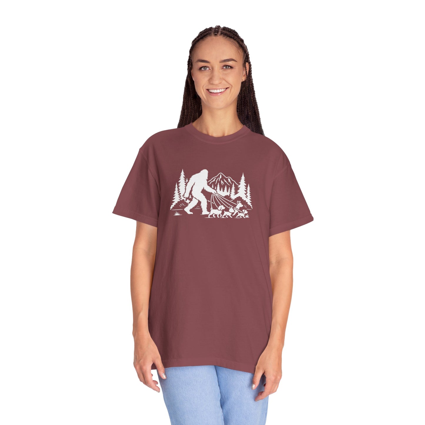 Bigfoot dog walk T-Shirt with Outdoor Adventure Design