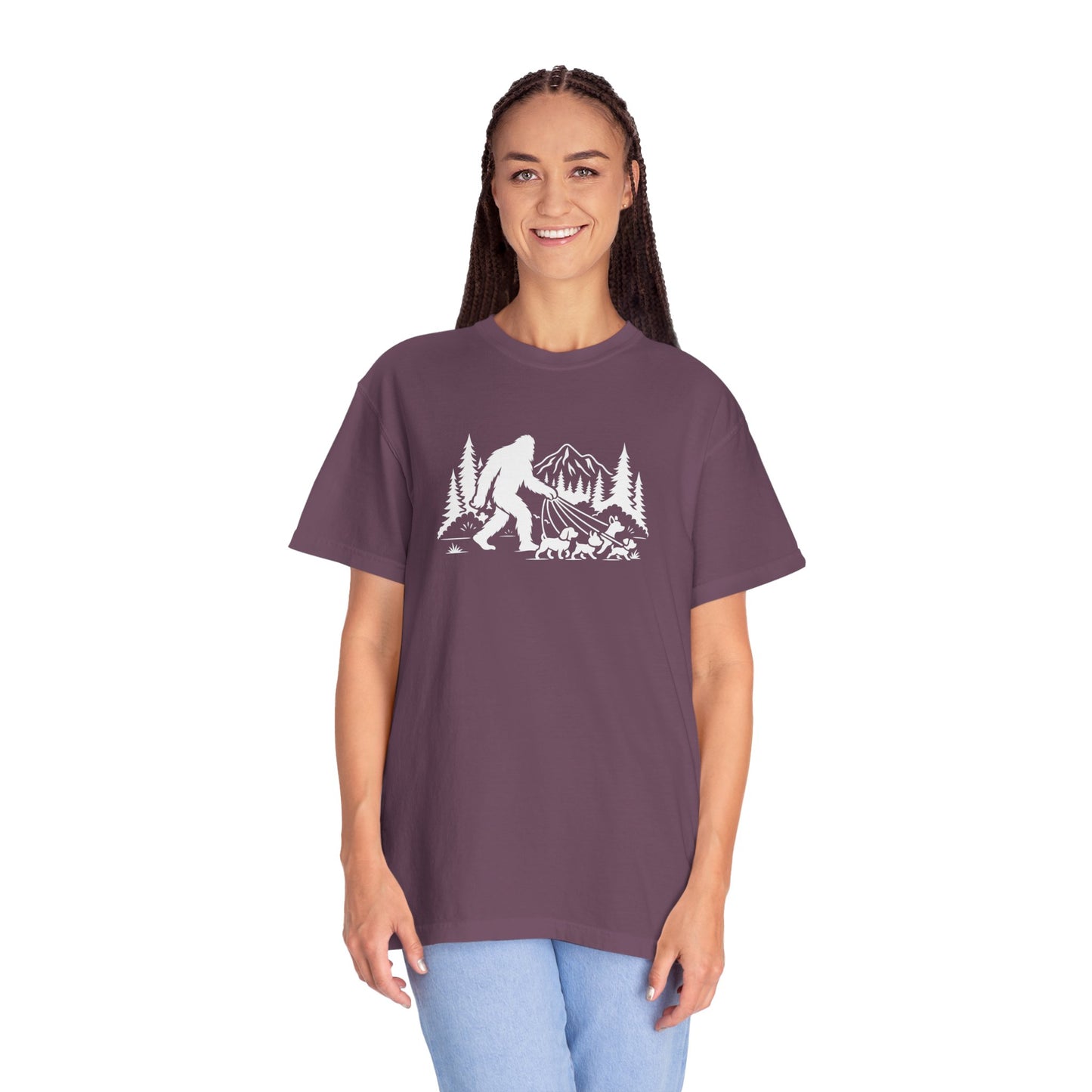 Bigfoot dog walk T-Shirt with Outdoor Adventure Design