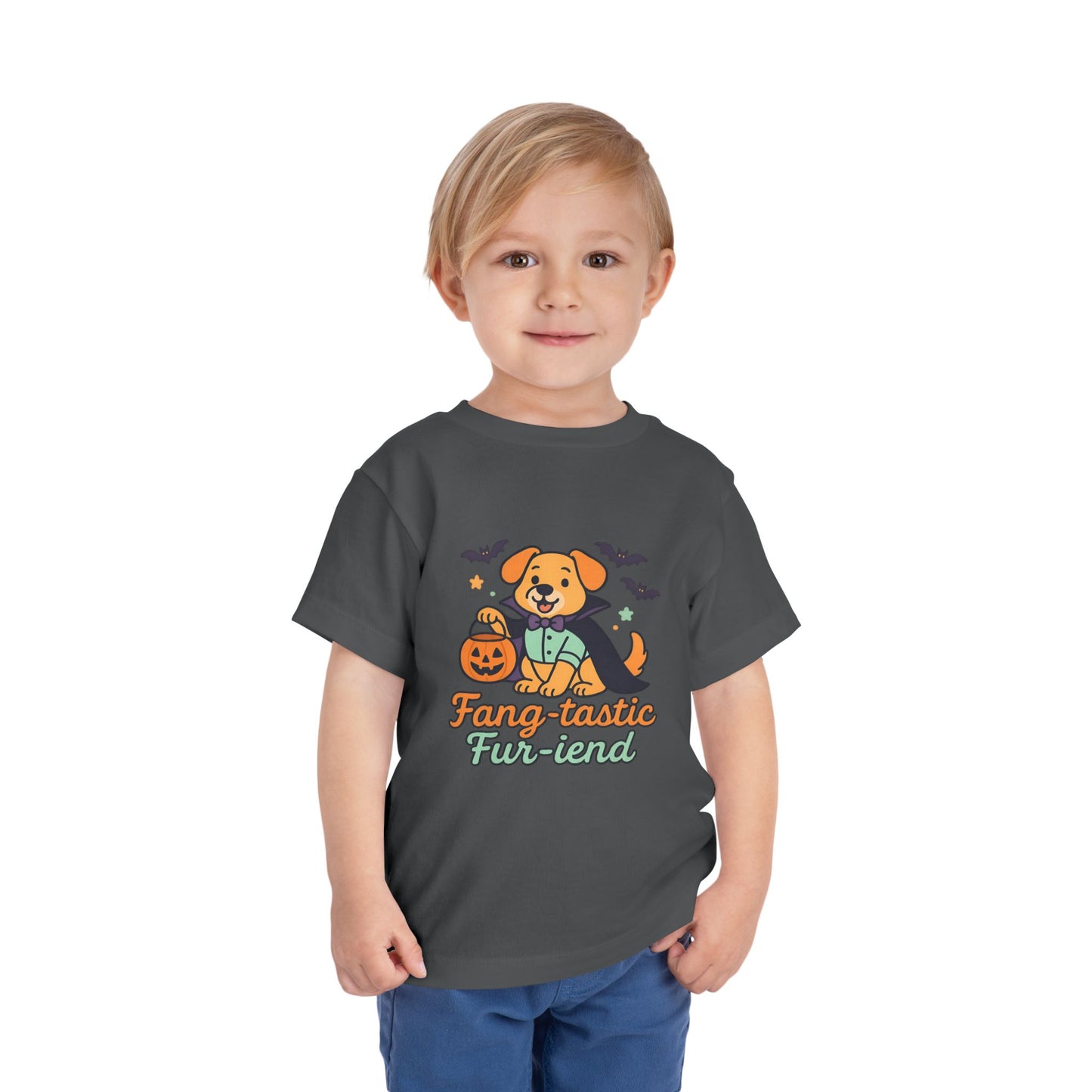 Fang-tastic Fur-iend Toddler Tee, Halloween Shirt for Kids, Cute Dog Graphic Tee, Toddler Halloween Outfit, Fall Celebration T-Shirt