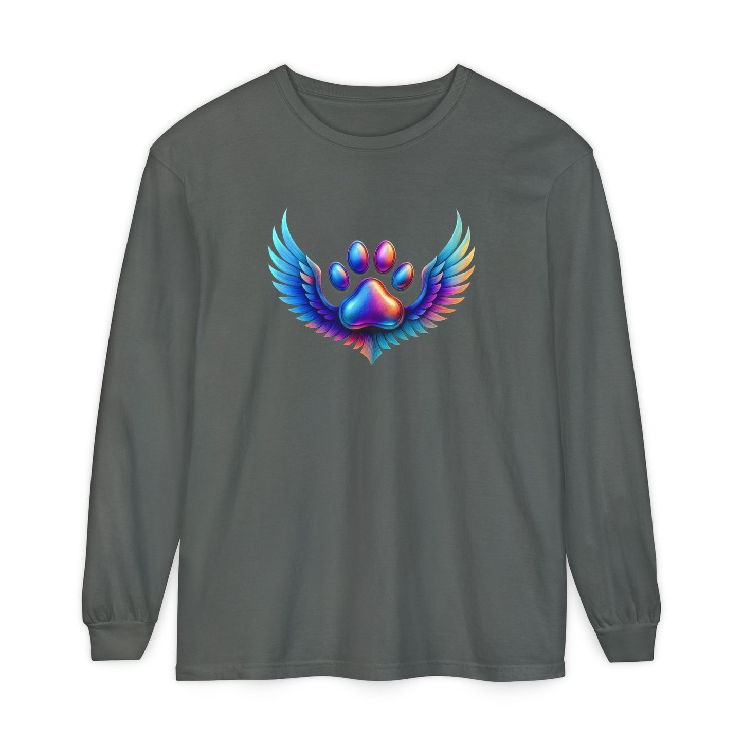 Colorful Paw Print Long Sleeve T-Shirt, Animal Lover Gift, Pet Memorial Tee, Winged Paw Shirt, Unisex Graphic Tee