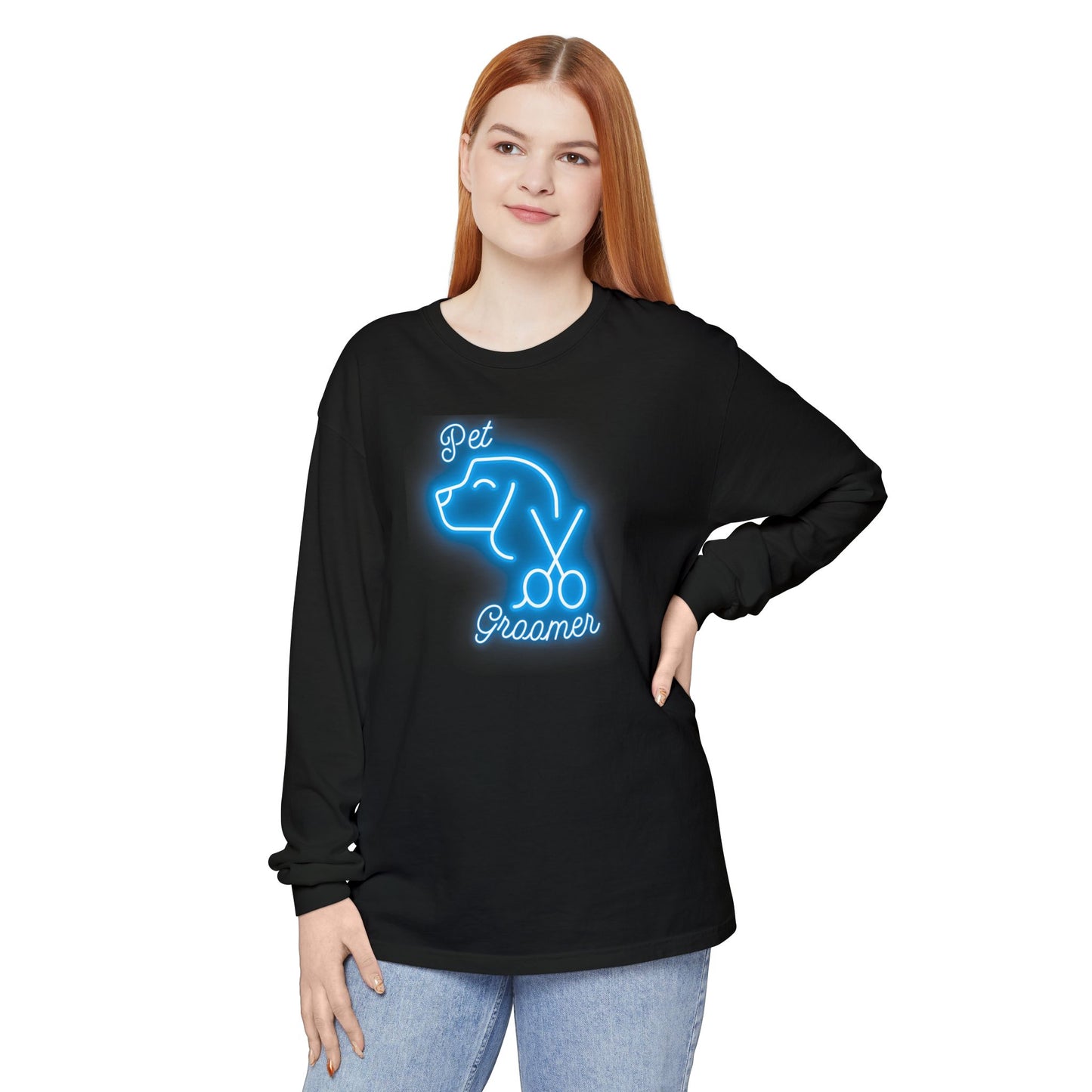 Neon Blue Pet Groomer Long Sleeve T-Shirt - Perfect for Dog Lovers