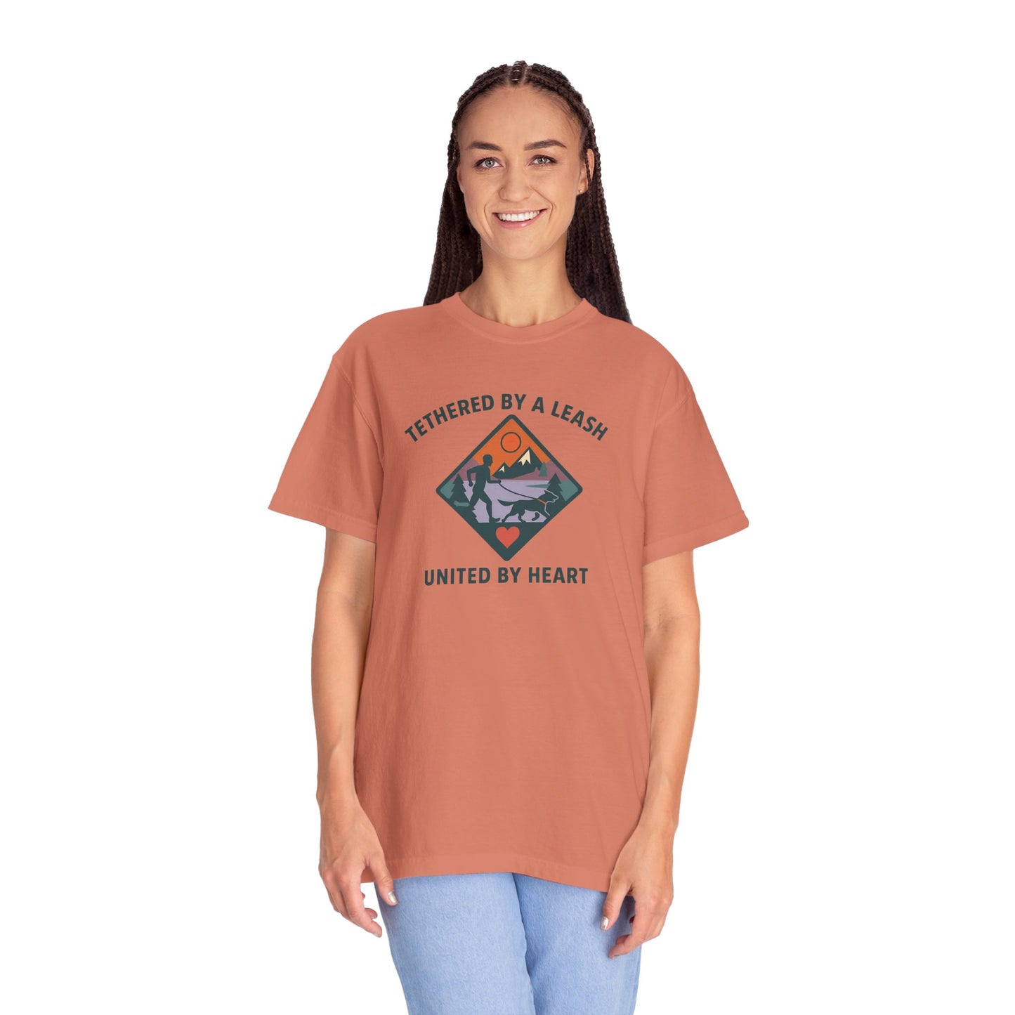 Canicross - Tethered by a Leash Unisex Garment-Dyed T-shirt - Adventure and Heart Design