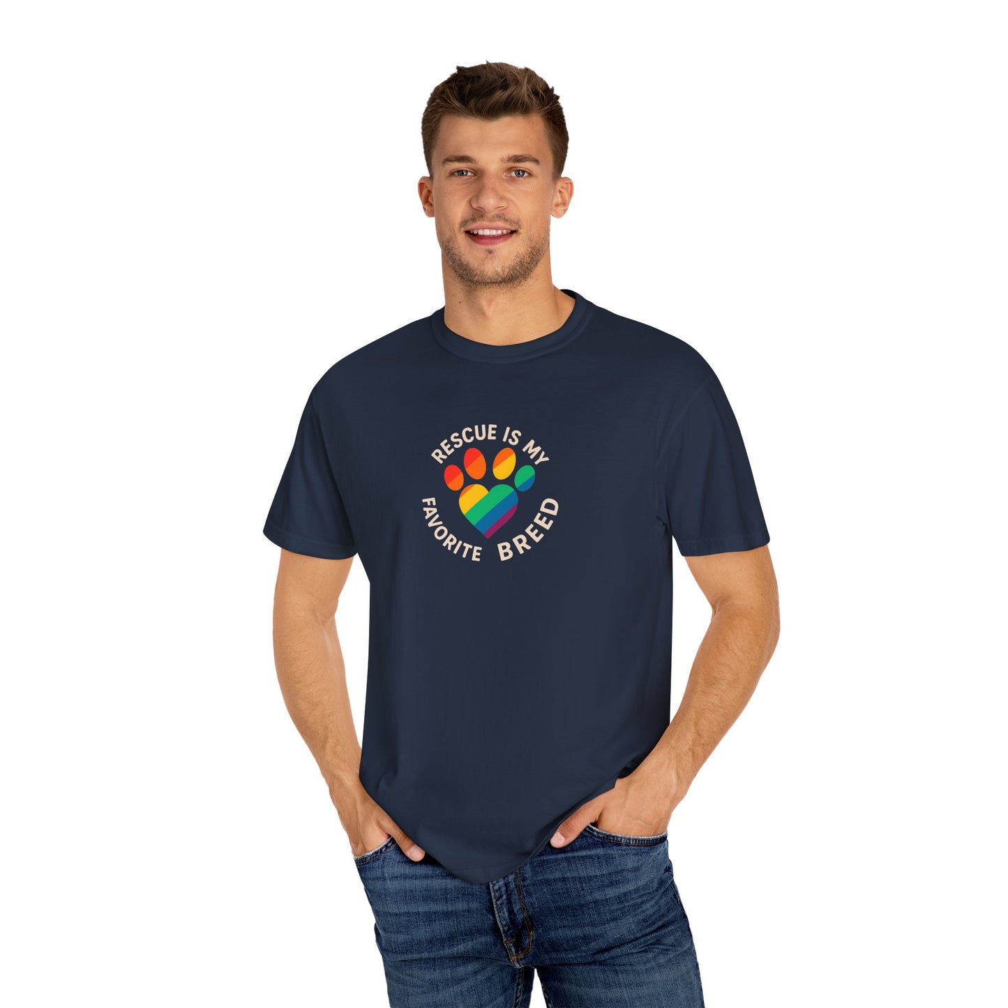 Rescue Is My Favorite Breed T-Shirt, Unisex Rainbow Dog Lover Tee, Pet Adoption Shirt, LGBTQ+ Apparel, Gift for Animal Lovers
