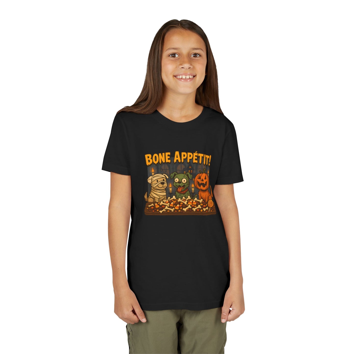 Halloween Kids Tee - Bone Appetit! Funny Short Sleeve Shirt for Trick or Treat, Spooky Season, Gift for Kids