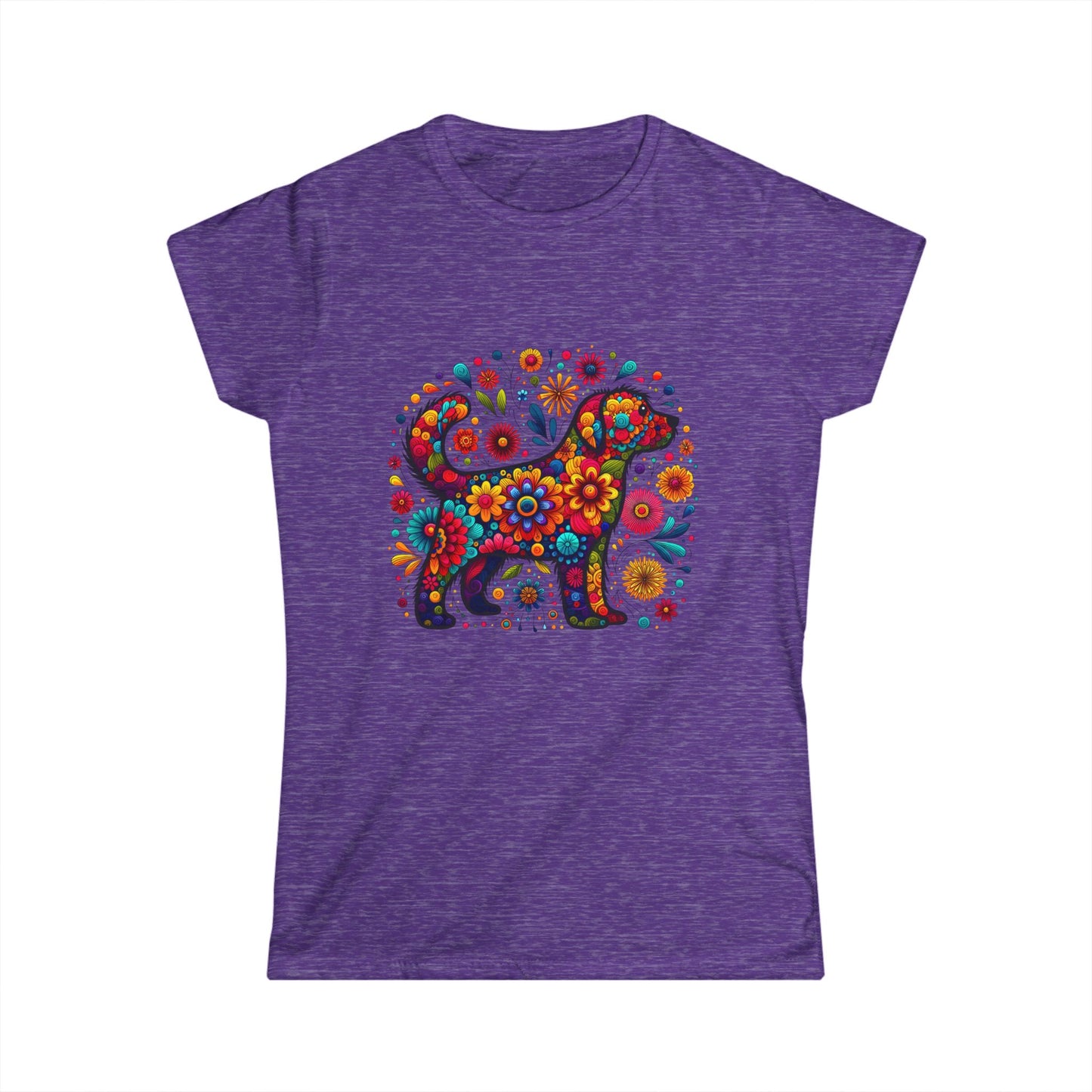 Women's Tee Colorful Dog and Flowers Artistic Design