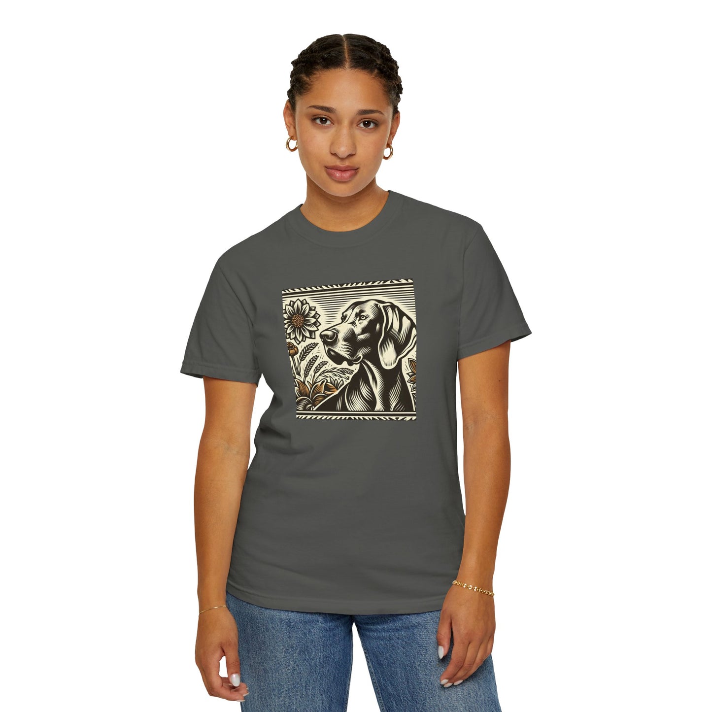 Weimaraner Dog Lover's Unisex Garment-Dyed T-Shirt with Floral Design