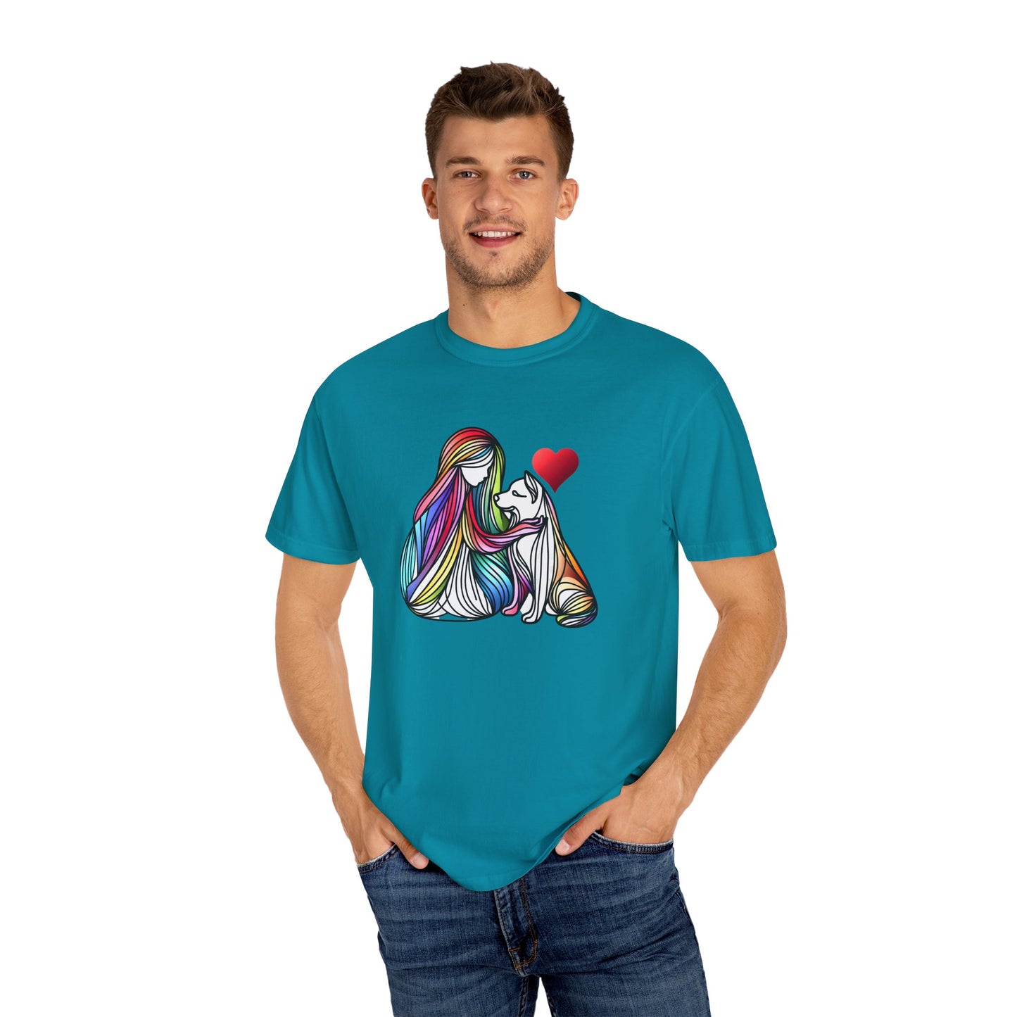 Colorful Dog Love Unisex T-Shirt - Garment-Dyed Cat & Woman Design