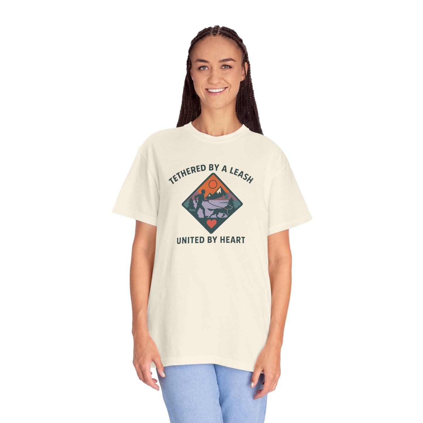 Canicross - Tethered by a Leash Unisex Garment-Dyed T-shirt - Adventure and Heart Design