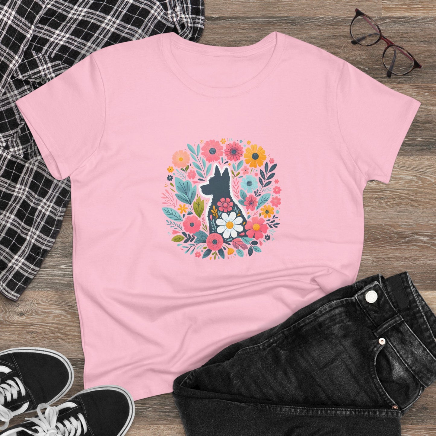 Floral Dog Silhouette Tee, Women's Cotton T-Shirt, Animal Lover Gift, Cute Summer Top, Pet Owner Apparel, Nature Inspired Design