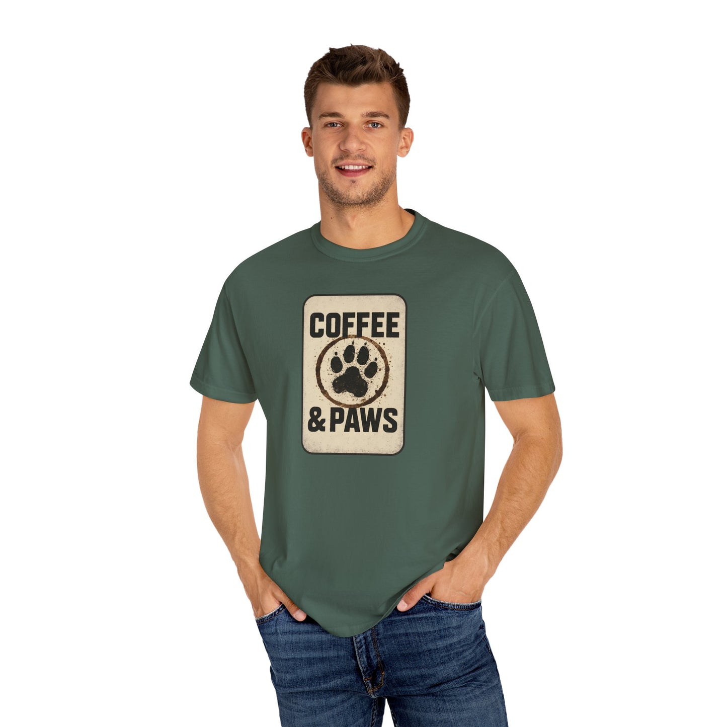 Coffee & Paws Unisex Garment-Dyed T-shirt, Dog Lover Tee, Pet Owner Gift, Coffee Lover Shirt, Animal Enthusiast Apparel, Casual Wear