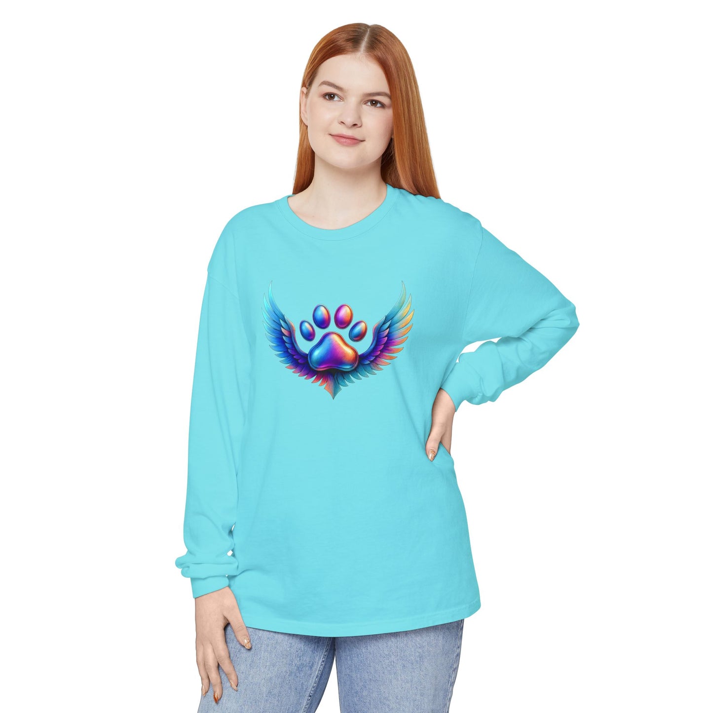 Colorful Paw Print Long Sleeve T-Shirt, Animal Lover Gift, Pet Memorial Tee, Winged Paw Shirt, Unisex Graphic Tee