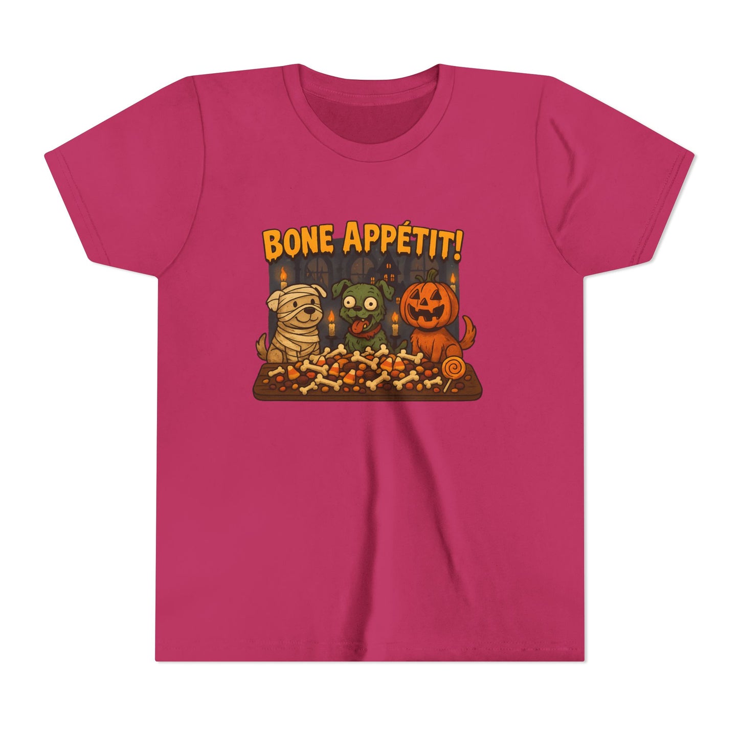 Halloween Kids Tee - Bone Appetit! Funny Short Sleeve Shirt for Trick or Treat, Spooky Season, Gift for Kids
