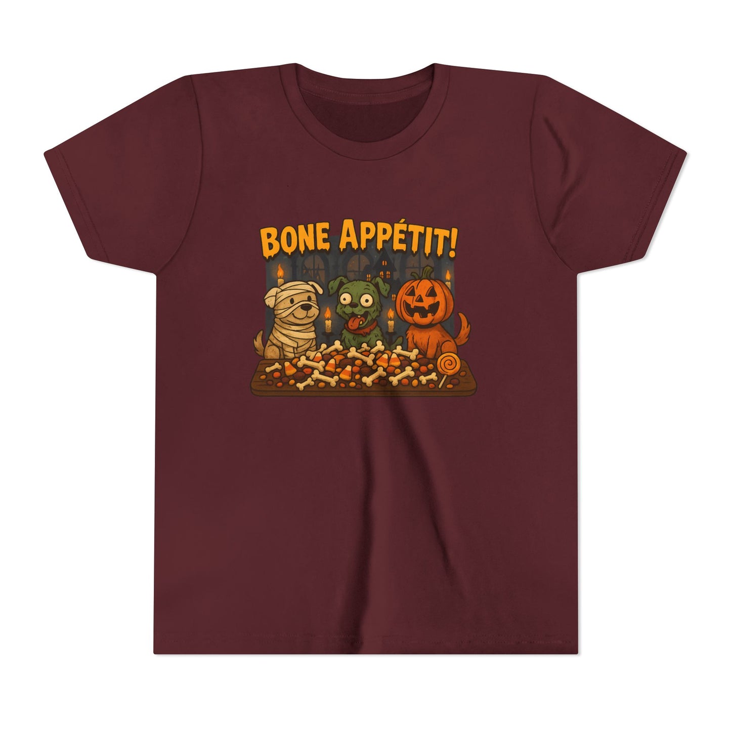 Halloween Kids Tee - Bone Appetit! Funny Short Sleeve Shirt for Trick or Treat, Spooky Season, Gift for Kids