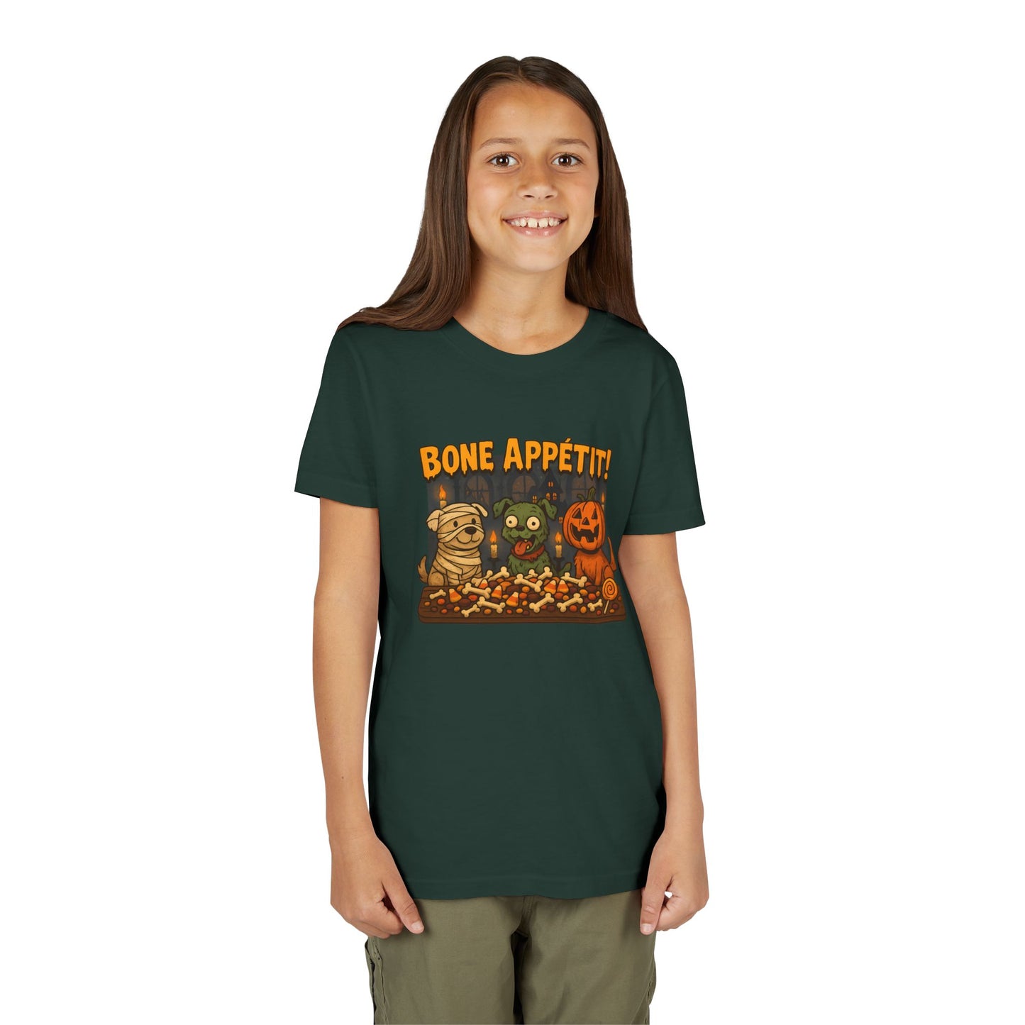 Halloween Kids Tee - Bone Appetit! Funny Short Sleeve Shirt for Trick or Treat, Spooky Season, Gift for Kids